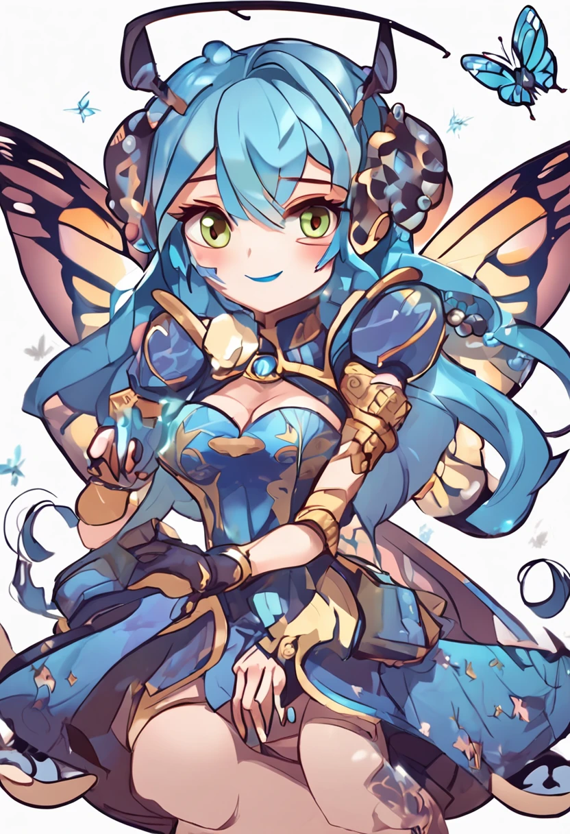 1 mature royal sister butterfly woman character with blue hair and butterfly costume with a seven-star ladybug henchman personified,pixie character, character art of maple story, water fairy, official character art, faeries, pixie,Official artwork, Fairy, changelingcore,9,9 emoji packs,9 poses and expressions,European and American style,Black strokes,Different emotions,8K,League of Legends art style