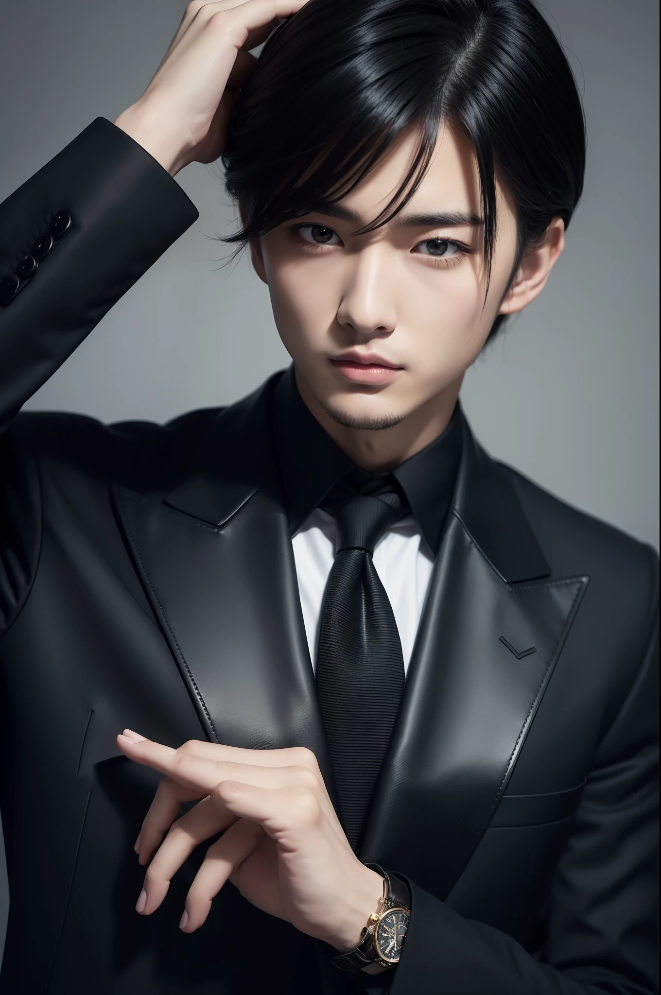 Portrait of 20 year old Japan man sexy business style、For autumn-winter。Black Armani Suit、Red Dolce & Gabbana Silk Tie、Wearing black YSL leather boots。Matched with Cartier watches。The face is refined、Reflects seductive looks。Hairstyles、Tangled texture look、Matte finish、Deep black color。This style is sophisticated、Fascinating and、Reflects his mature and stylish personality。