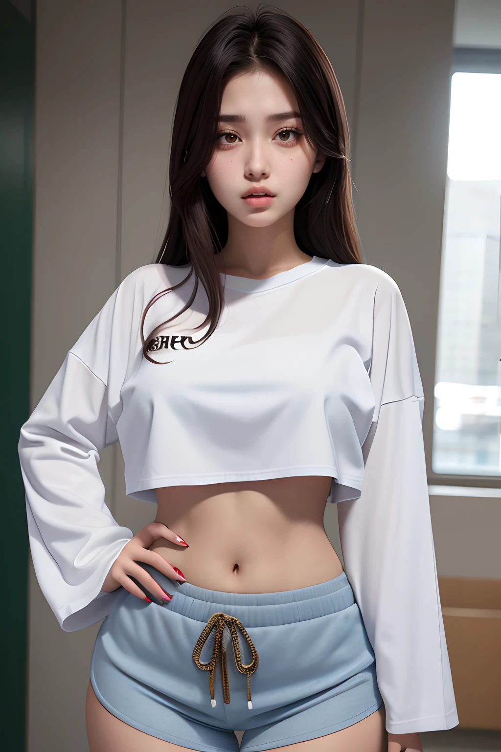 a beautiful 17yo Turki woman, oversize tshirt,sports short pants, medium breast, sexy body, seductive expression,detail body and face.