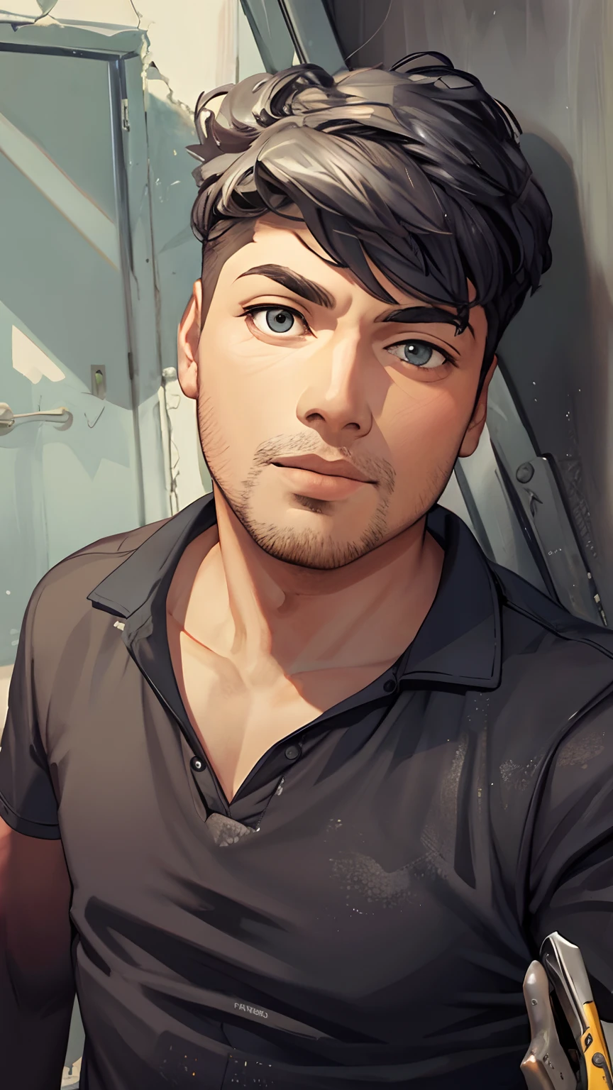 The background reflects the door、Man is working with pliers