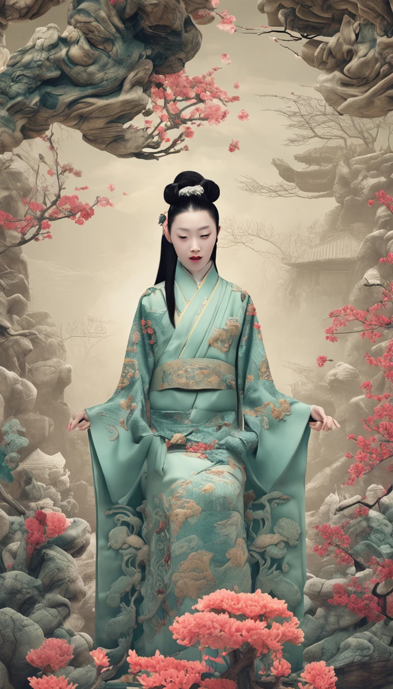 chinaware,Ancient Chinese embroidery style relief,Doubleexposure,Delayed exposure,Side lighting,Three-dimensional feeling,Celadon texture girl,Girl smooth shiny porcelain skin