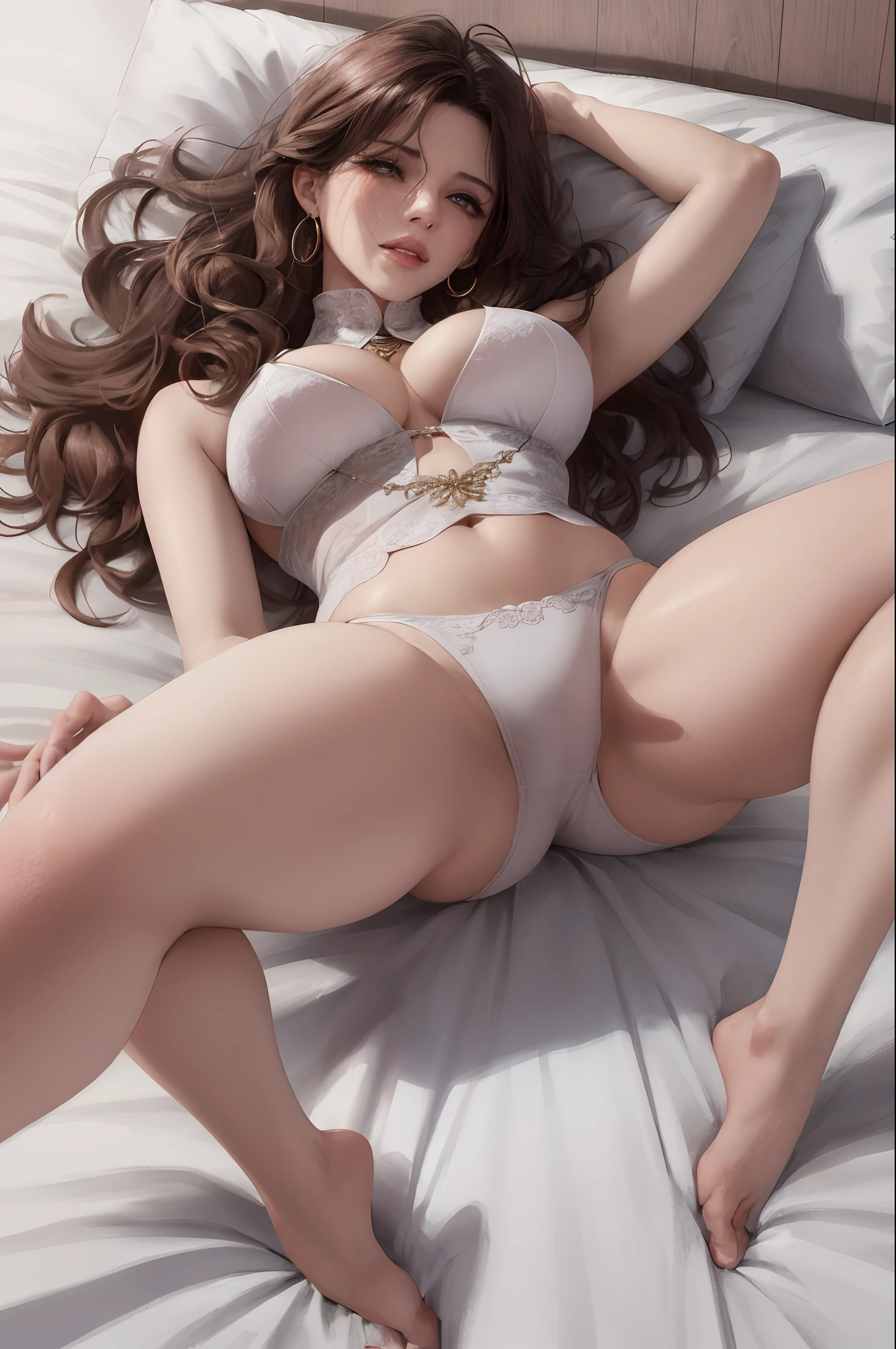 Miss Chinese Manners，Being in a hotel，on top of the bed，nakeness，(Lying on her back in bed:1.5)，(Open your legs:1.5)，Top-down view，
（（（tmasterpiece）））， （（best qualtiy））， （（intricately details））， （（ultra-realistic realism））， Ridiculous res， A MILF， Mature woman， ssee-through， highly  detailed， illustratio， 1. Mature women， （（Large breasts））， (pink areolae:1.1)，perfect hand， detailed finger，Detailed plump ， Beautiful detailed eyes， Wavy curly hair，with brown eye， name badge， vd， Get wet，Breast nudity，D-cups，neck rings，耳Nipple Ring， detailedbackground， Bedrooms， perfect  eyes， Seductive eye，Cocked buttocks，Reddened face，(weeping:1.2)，Confused eyes