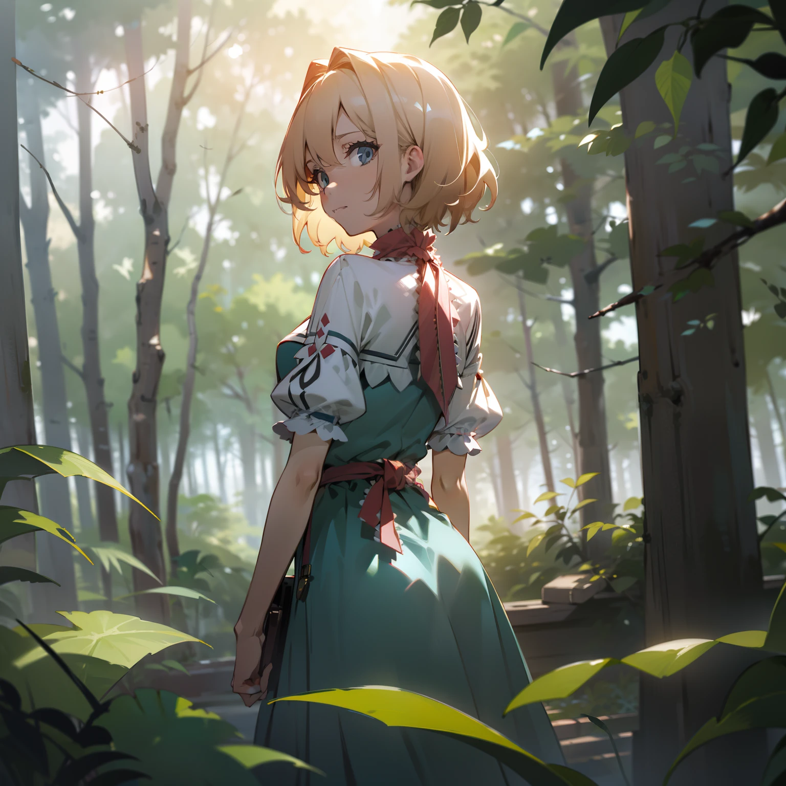 masutepiece, Fine detail, 4K, 8K, 12K, Solo, Alone, Beautiful Girl, caucasian female, alice margatroid, Back view, Looking at Viewer, looking in camera, Looking at Viewer, Surprised face, forest, Sunlight penetrating the leaves