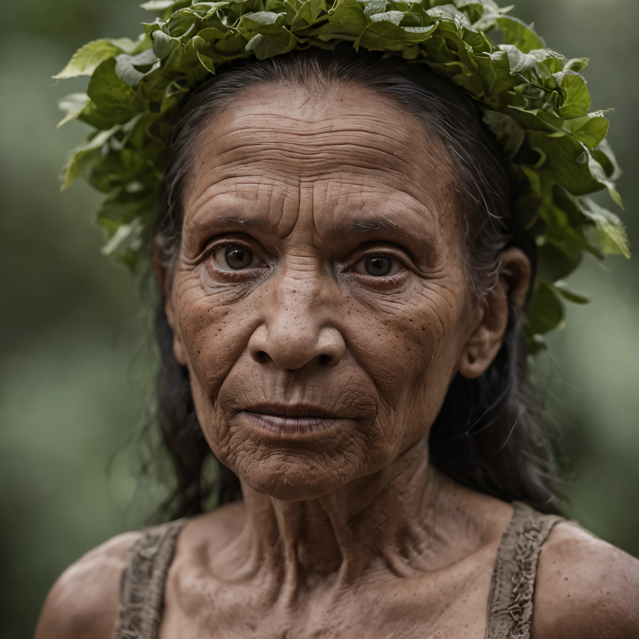 A mystical figure, (((aterrorizante))), ((sombria)), of the Amazon rainforest, lenda, estilo realista, 8k, :: style realista, :: 1.0, (((olhos de fogo))), Old lady, mulher : 2.0