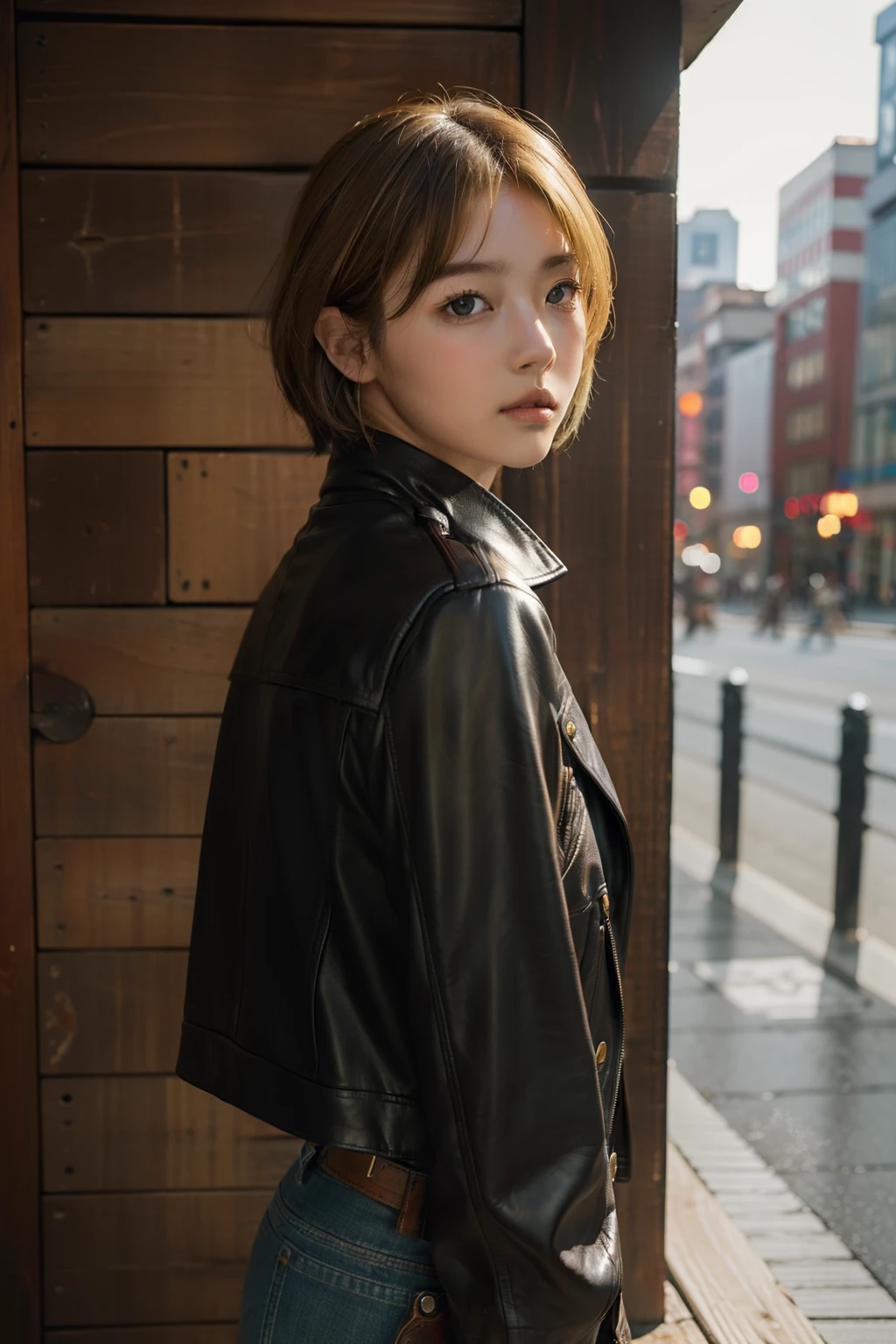 Dynamic Angle、((top-quality、in 8K、masterpiece:1.3))、Beautiful Women in Perfect Style:1.4、a blond、small tits、(natural soft light、City Street:1.1)、Highly detailed facial and skin texture、A detailed eye、二重まぶた、short cut hair、nudde、Full body、Realistic、real looking skin、Realistic texture、(NSFW:1.2)、leather jackets、1 woman、28 year old、(Cowboy Shot:1.5)、Osaka、turned around