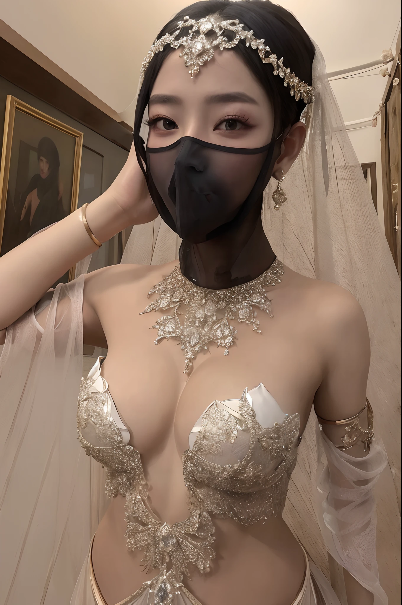 1girl, (face veil,mouth veil:1) ,dancer,masterpiece,bride,bride,(portrait:1.4), high quality, tropical palace ,(masterpiece:1.2),(best quality:1.2),shiny skin,(see-through),realistic,smile ,ornate,intricate,looking at viewer
