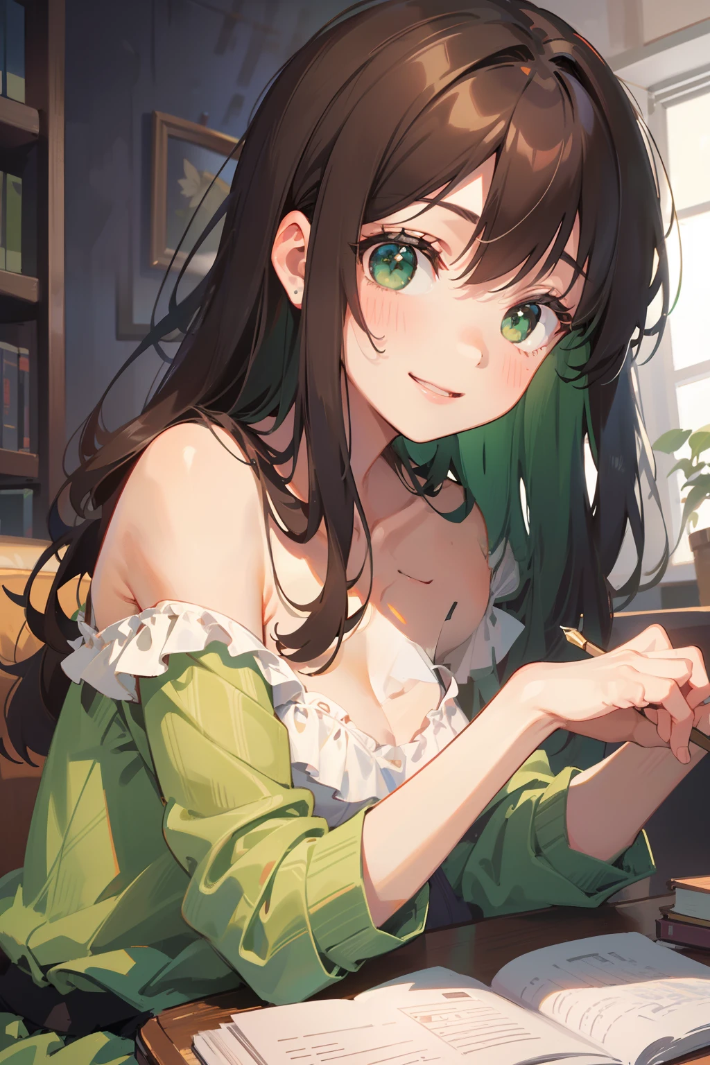 (masterpiece), (best quality), ultra high res, sharp focus, ((1 woman, solo)), upper body, dutch angle, beautiful detailed hair, chestnut brown hair, long hair tumbles down, beautiful detailed face, ((beautiful shape eyes, green eyes)), perfect feminine face, comfortable face, smile, sitting on the couch, focus on the book