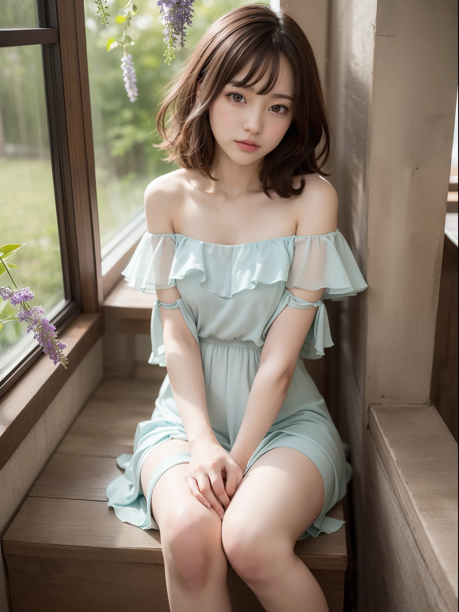 ((of the highest quality, 8K, masutepiece: 1.3, Raw photo)), Sharp Focus: 1.2, (1 AESPA Girl :1.1), Solo, (Realistic, Photorealistic: 1.37), (Face Focus: 1.1), Cute face, hyperdetailed face, brunette short messy hair, Small Smile, slender, nude, (Off-the-shoulder chiffon dress: 1.2), check skirt, (Sitting with one knee up: 1.3), cafe, panties, flower, dahlia