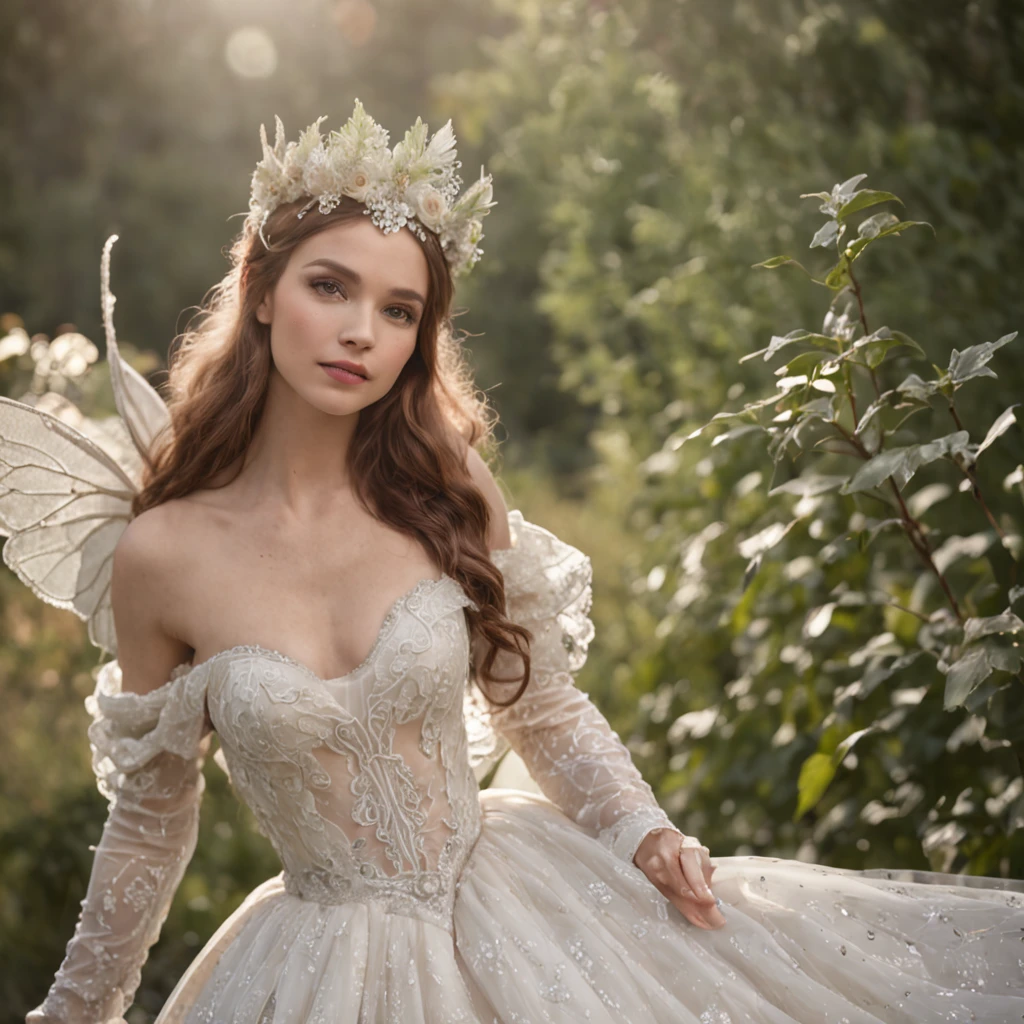 Woman and man walk through a fairy wearing a beautiful reality dressed in bright white