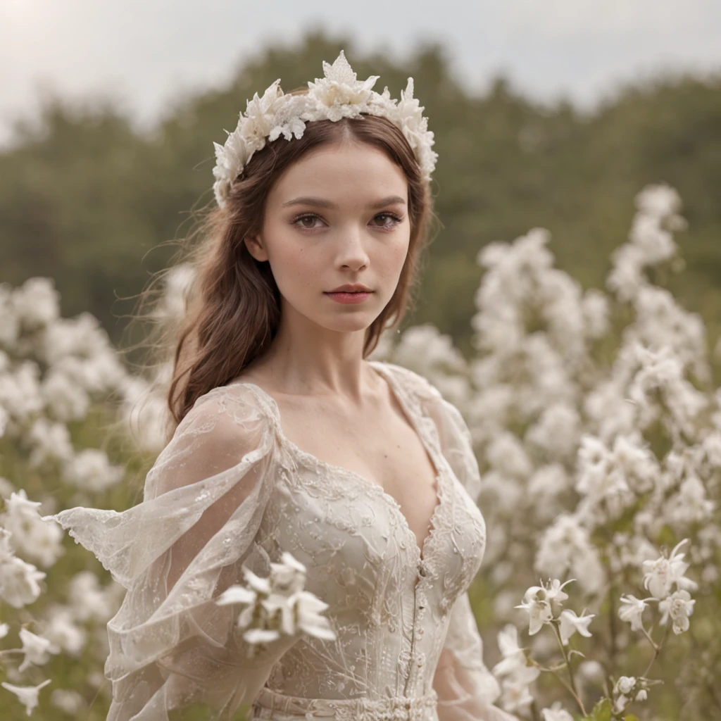 Woman and man walk through a fairy wearing a beautiful reality dressed in bright white