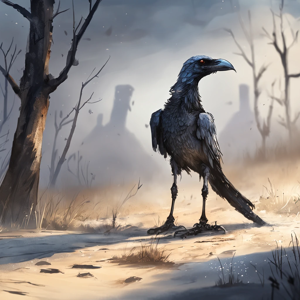 Two crows on a dead tree, A shadow shaped like a walker, Starry night, Thick fog on the ground, Blue light on the horizon, Unreal Engine 5, Cinematic, low angle photography, Motion blur, Depth of field, Dust, Cobblestones and dirt. Splash Art, dripping paint. Perfect color grading. Influenced by Karel Appel and Jeremy Mann, Full of dramatic and threatening scenes, Hyper-detailed, Beautiful, insanely details, Intricate details, editorial photography, shot with a 50mm lens, Depth of field, Tilt Blur, Shutter speed 1/1000, f/22. Lightmaps, Super bright