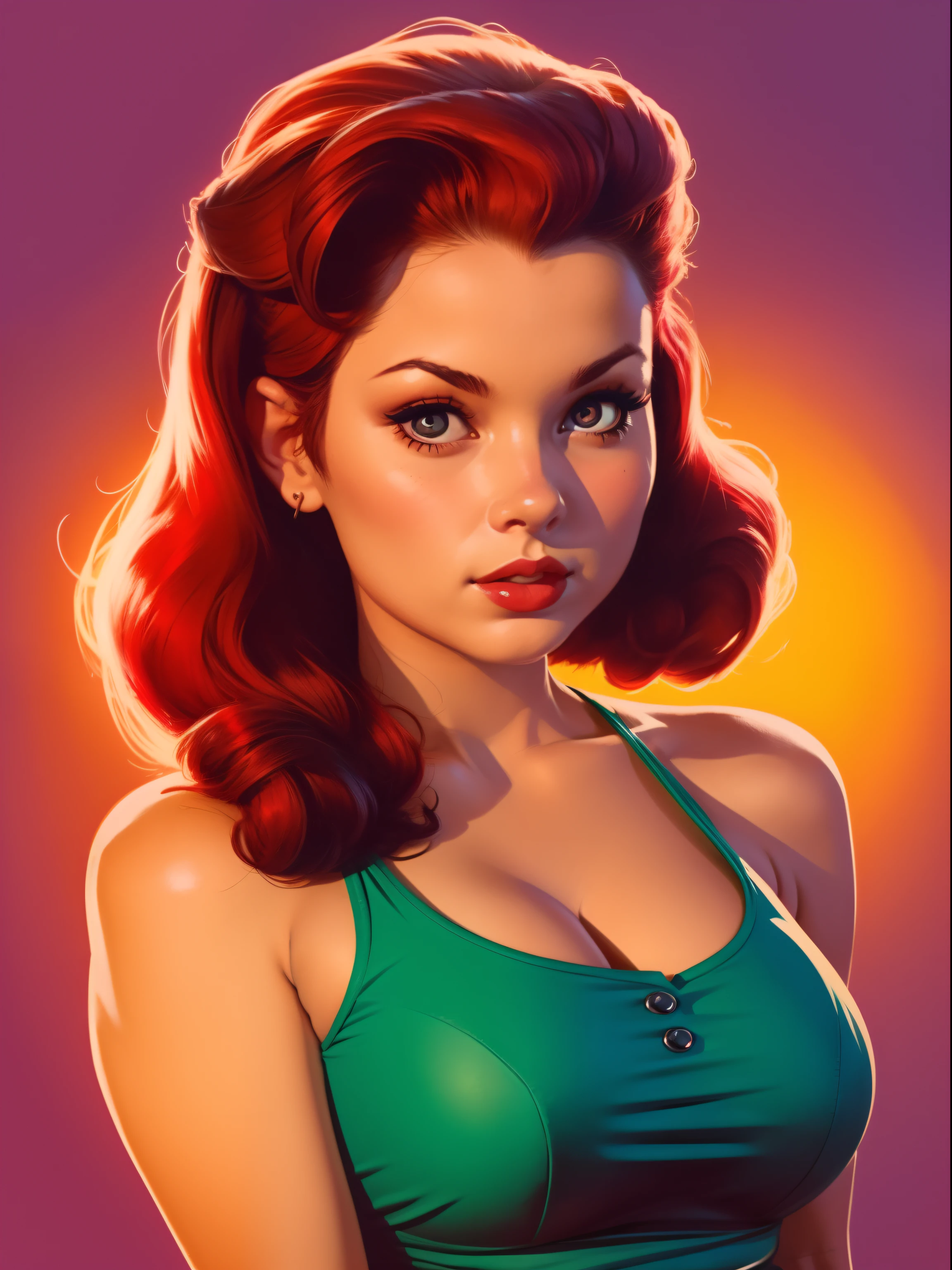 A portrait shot, of a 50s style pin-up girl, cleavage, sexy pose, 40s red hair style, pin-up art,