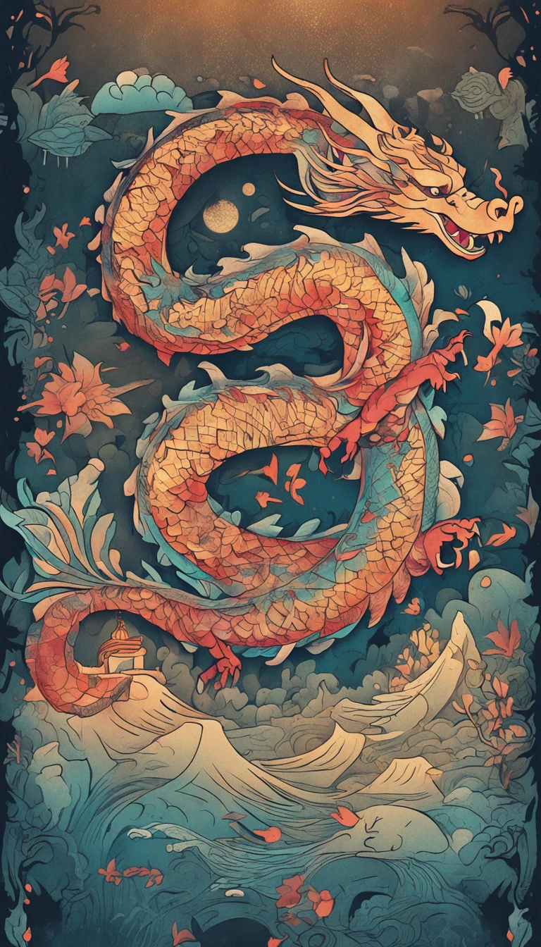Best quality, chinesedragon，glimmering, , 2D, flat, Adorable, Vintage, Art on cracked paper, fairytale-like, Detailed illustration of the storybook, Cinematic, hyper HD, detaile, Beautiful details, mistic, Luminism, Vibrant colors,