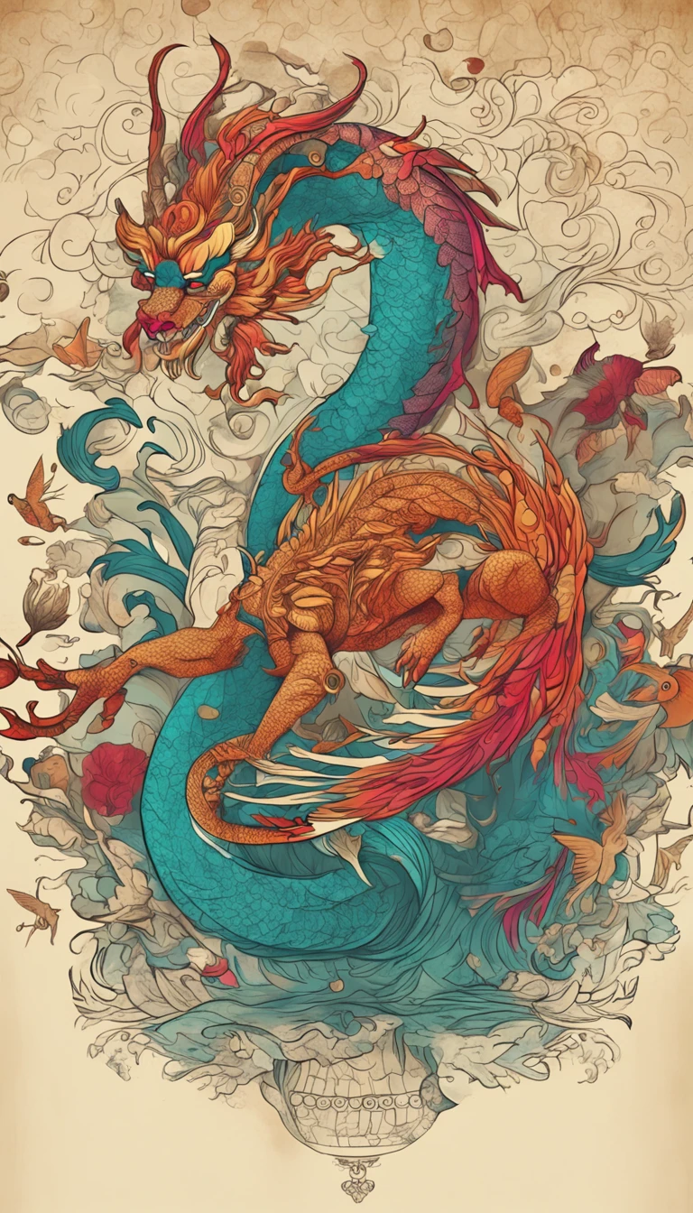 Best quality, chinesedragon，glimmering, , 2D, flat, Adorable, Vintage, Art on cracked paper, fairytale-like, Detailed illustration of the storybook, Cinematic, hyper HD, detaile, Beautiful details, mistic, Luminism, Vibrant colors,