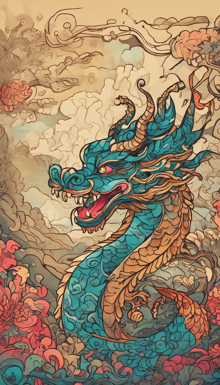Best quality, chinesedragon,glimmering, , 2D, flat, Adorable, Vintage, Art on cracked paper, fairytale-like, Detailed illustration of the storybook, Cinematic, hyper HD, detaile, Beautiful details, mistic, Luminism, Vibrant colors,