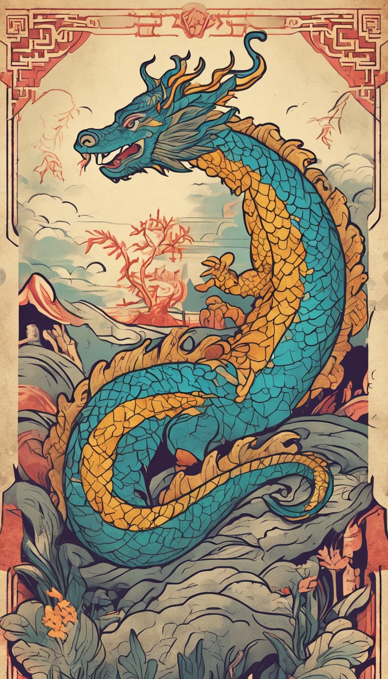 Best quality, chinesedragon，glimmering, , 2D, flat, Adorable, Vintage, Art on cracked paper, fairytale-like, Detailed illustration of the storybook, Cinematic, hyper HD, detaile, Beautiful details, mistic, Luminism, Vibrant colors,