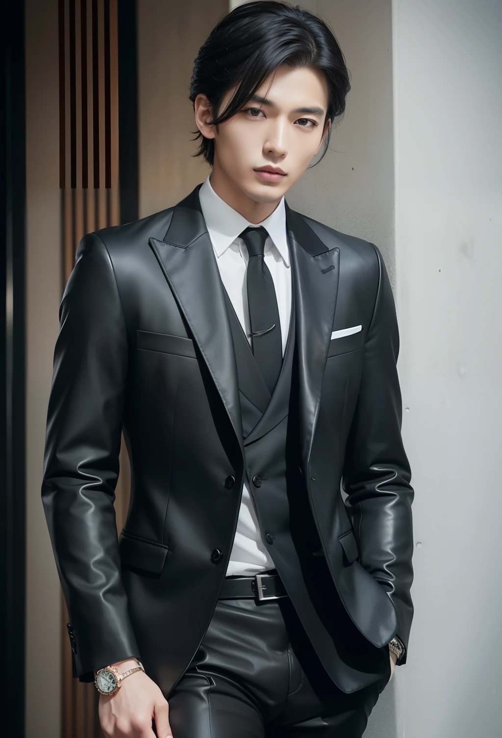Sexy business style portrait of 20 year old Japan man、For autumn-winter。Black Armani Suit、Red Dolce & Gabbana Silk Tie、Wear black YSL leather boots。Match with Cartier watches。The face is refined、Reflects seductive looks。hair style、The appearance of tangled curl textures、Matte finish、Dark black color。This style is sophisticated、Fascinating and、Reflects his mature and stylish personality。