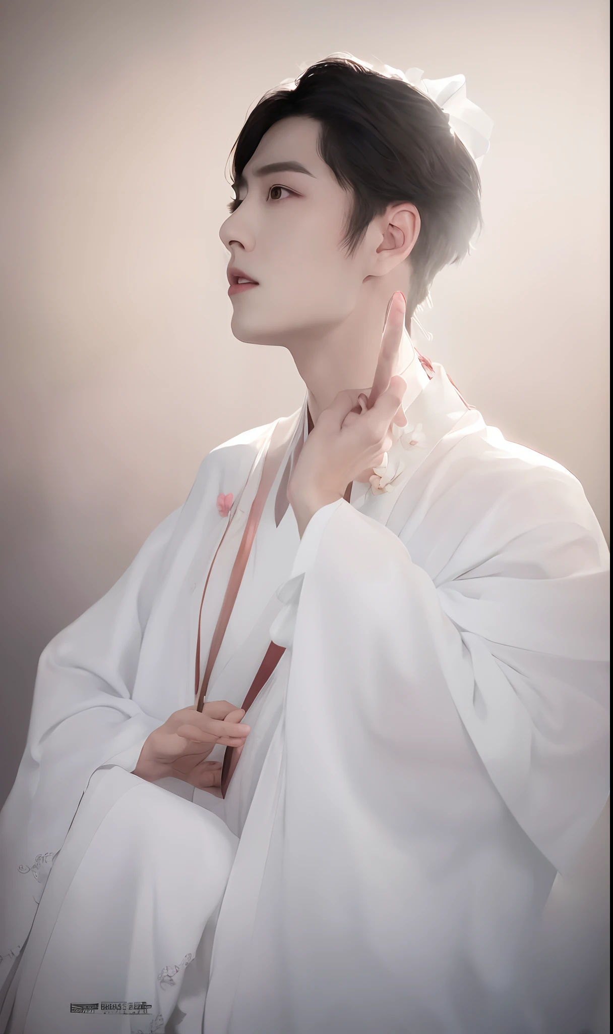 A handsome man in a white robe, Wearing pink flowers on his head, White Hanfu, Hanfu, Xiao Zhan, Big handsome guy, Invincible big handsome guy, Indescribable beauty, A boy in Hanfu, Long flowing black hair and robes, Daoism, white daoist robes, Flowing white robe, Beautiful androgynous prince, wearing long white togas, Delicate androgynous prince, Macro close-up side face, Hands should be complete, Classical temperament, Head-to-body proportions are coordinated, Xiao Zhan, Soft light and shadow