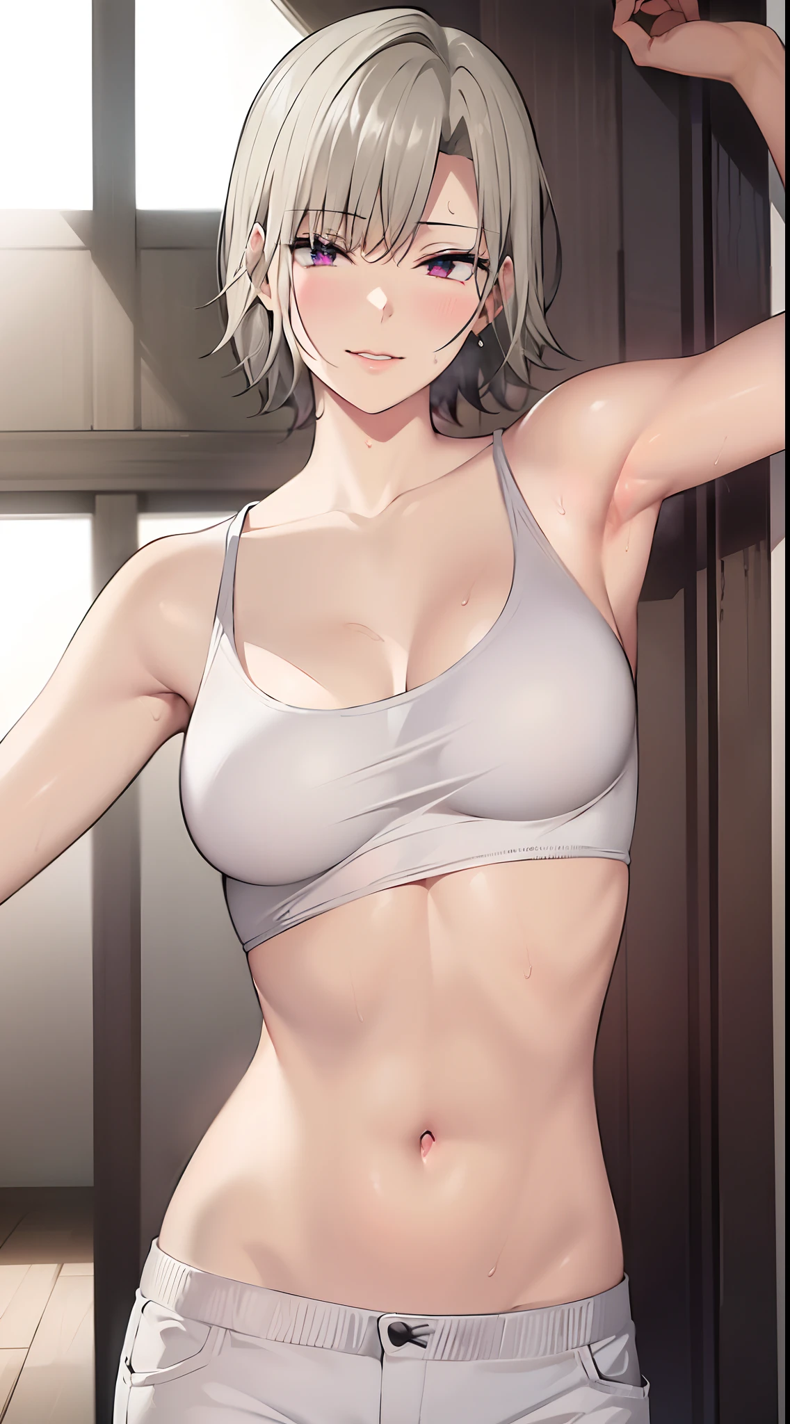 ((((masterpiece, best quality, high resolution)))), Extremely detailed 8K, Beautiful girl with voluptuous body, (Ultra HD, Ultra-detailed, Highly detailed, Highly realistic, Ultra-realistic, photograph realistic), (1girl:1.5), (Realistic white hair), short wavy hair, bob cut, (dynamic poses), facing at camera, light smile, purple eyes, average breasts, (beautiful detailed face, beautiful detailed eyes), (white tank top, thin material), cleavage, dark jean shorts, glow, sweat, (sunbeam, sunlight)