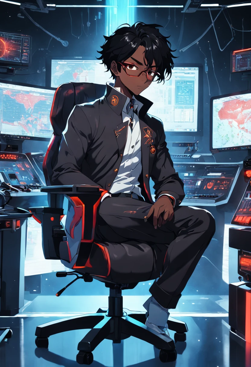 raw, wide angle, A man in a dark lab sitting in a chair in front of a futuristic computer screen wears glasses., Reddish black skin, Black Hair, Lab Coat,Astronomy Laboratory, hardware, Bright environment, Neon, ((cyberpunked))