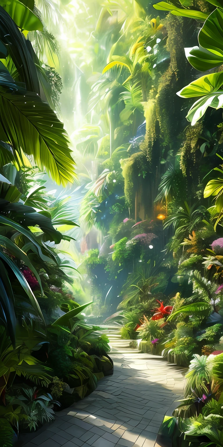 Digital illustration, Detailed and intricate, The dense jungle is full of exotic plants and animals, Sunlight shines through the canopy,Produces a mottled effect. In the style of Yoshitaka Amano and Hayao Miyazaki, Masterpiece, Proportional, Detailed, trending on artstationh, Beautiful lighting, Realistic, Intricate, Award-Awarded, 4K, Highest quality