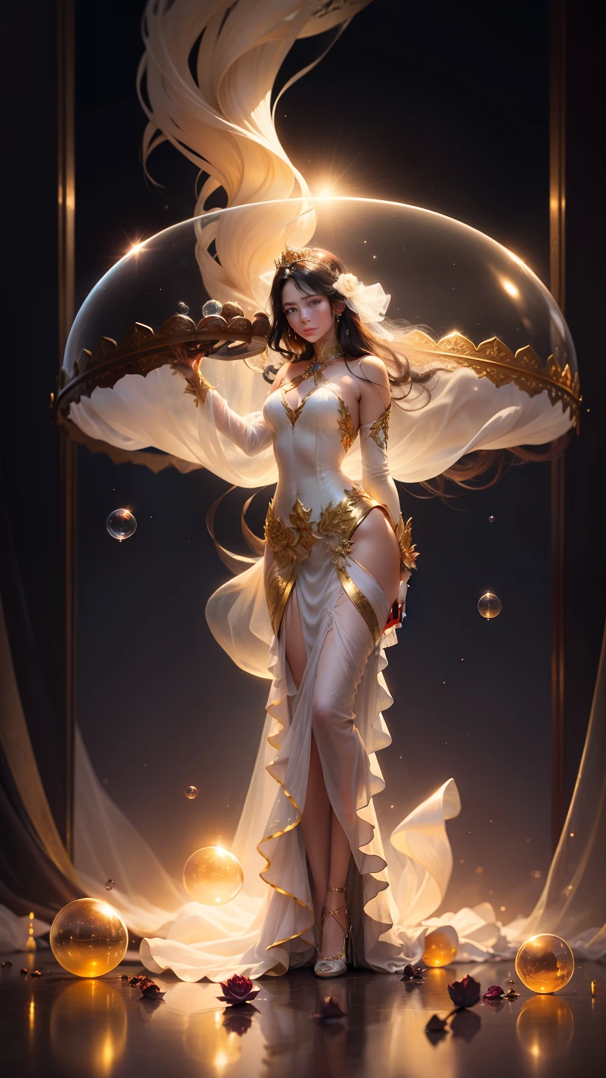 A graceful black-haired winter queen, dew and frost, bar lighting, stands in a sunlit clearing in winter, hin a glass bubble beautiful blond 30-years-old angel, full body shot, long shot, beautiful perfectly defined hands, four fingers, holding a golden transparent glass bubble containing the rose of Sharon, in a glorious maroon wine and golden white gossamer gown, dark stary background, with white mock orange, 64k resolution hyperdetailed