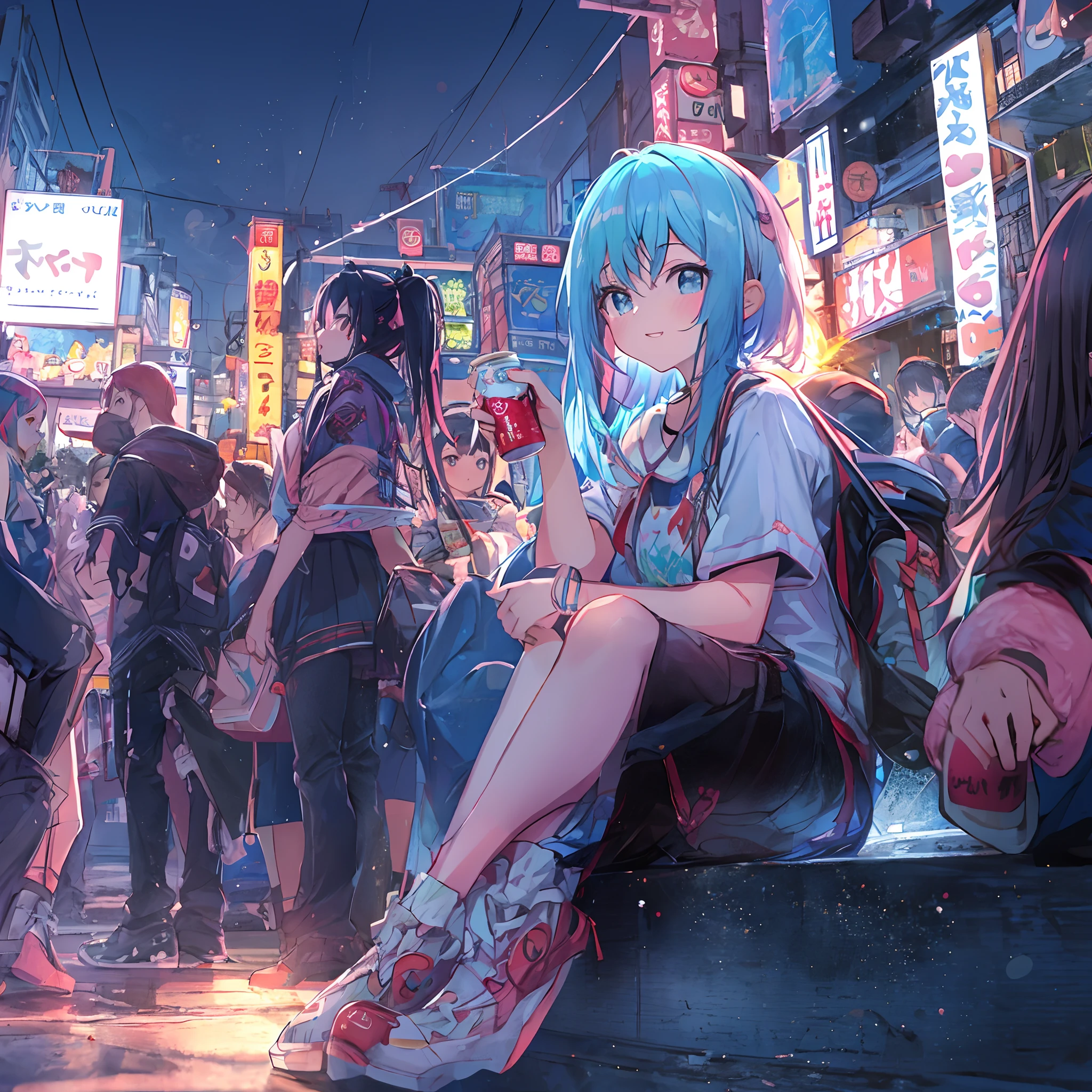 absurderes, hight resolution, (Anime style:1.1), ((masutepiece)), ((Best Quality)), (Ultra-detailed), (Beautiful), 独奏, Beautiful face、(liftup),Cute little girl standing on the street of urban red light district,Wind,Light blue hair, Blue eyes,Casual clothing,Laugh,Looking at Viewer,Lens Flare,Dramatic,Lots of crowds、(Sitting on the edge of the road drinking a can chu hai)