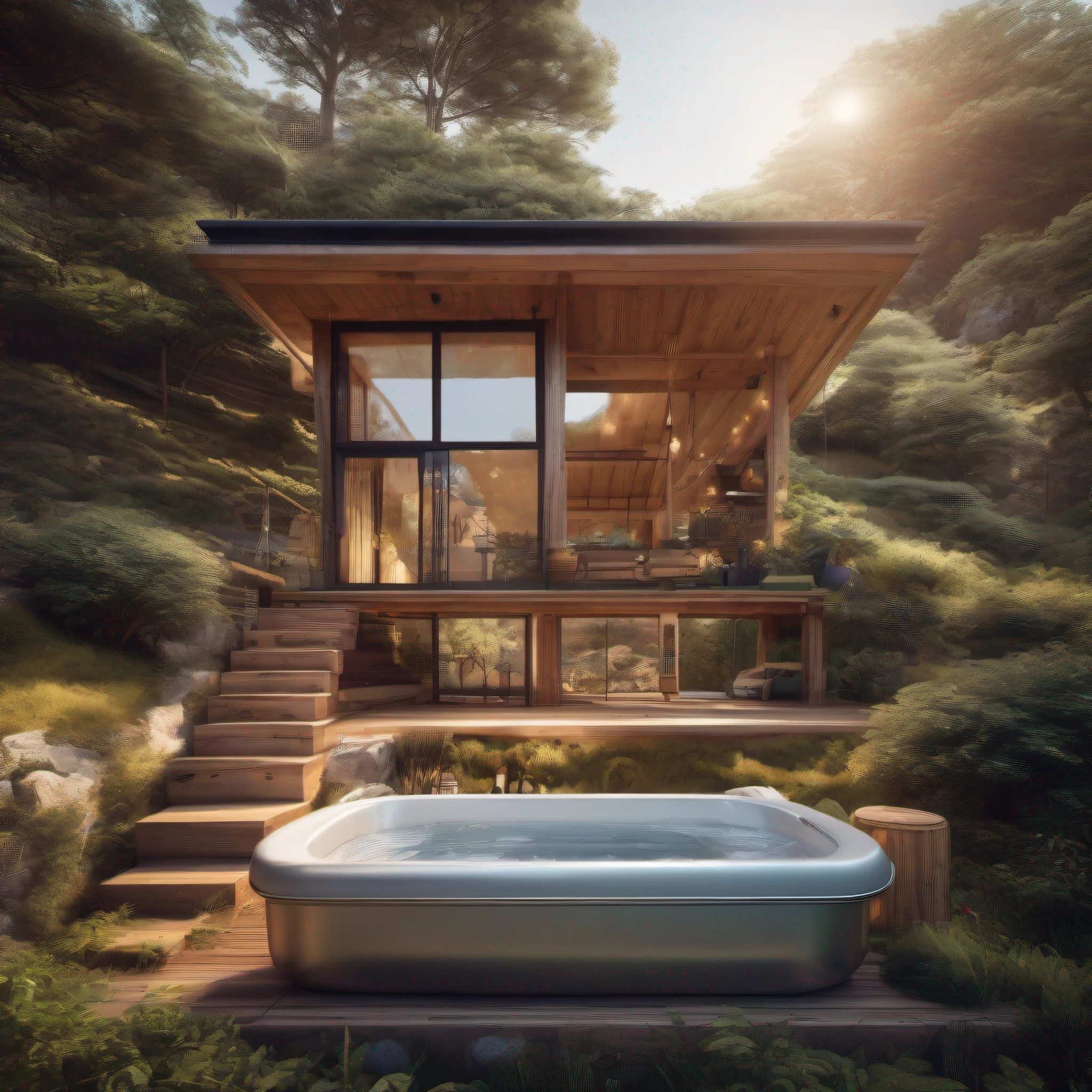 Images are real, Architectural design of small house, pine wood, (1-floor), vintage style, perspective, light sunshine, hillside, city view from about, big tree in the garden, logoft net, outdoor bathtub , Wooden nodes, porch, lazy sofa,