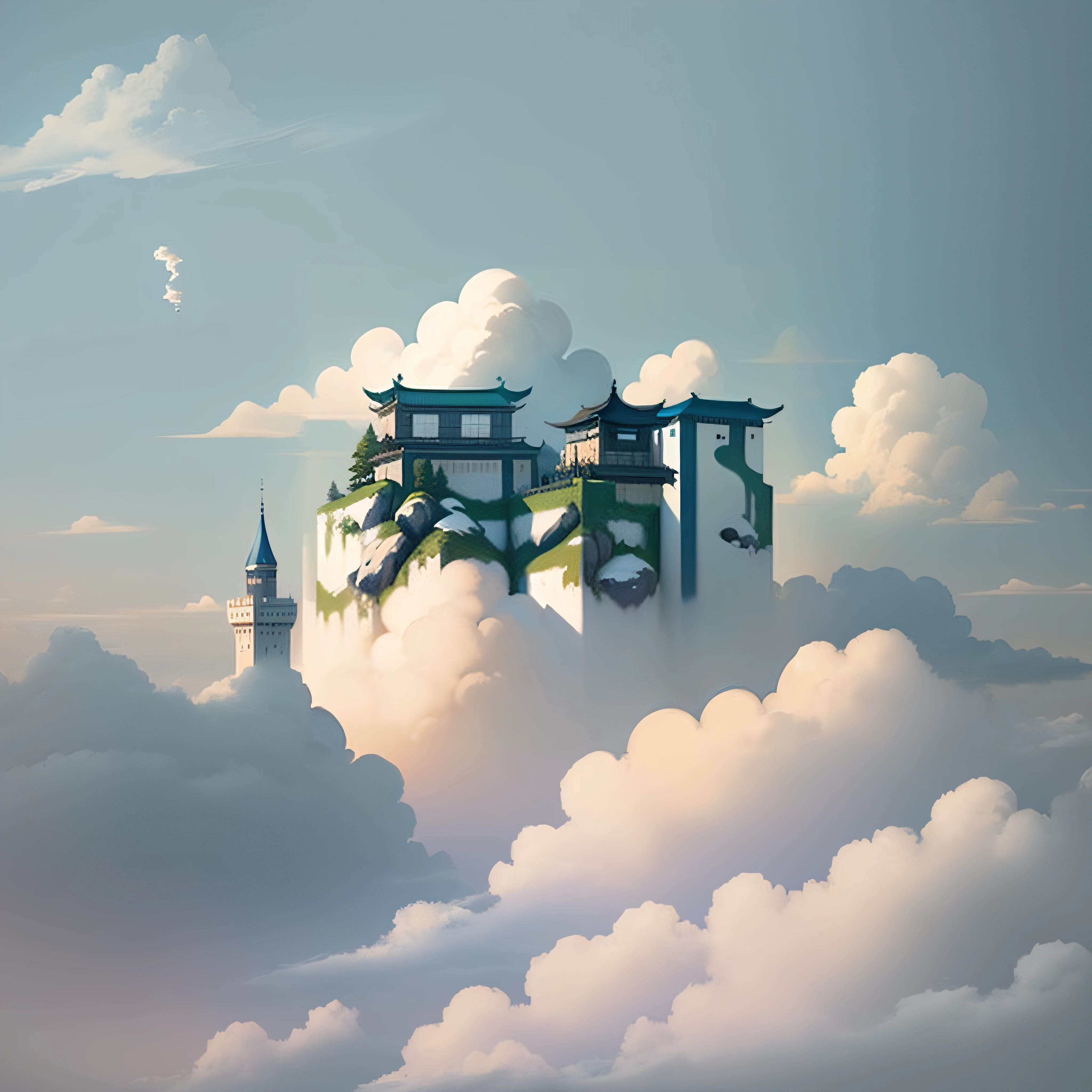 Small building picture in the clouds，The background is a mountain, flying cloud castle, Cloud Palace, floating lands in-clouds, floating city on clouds, castle made of clouds, castle in the clouds, castle in the sky style, palace floating in the sky, Castle in the sky, author：Ryan Yee, Flying Island in the Sky, Floating mountains