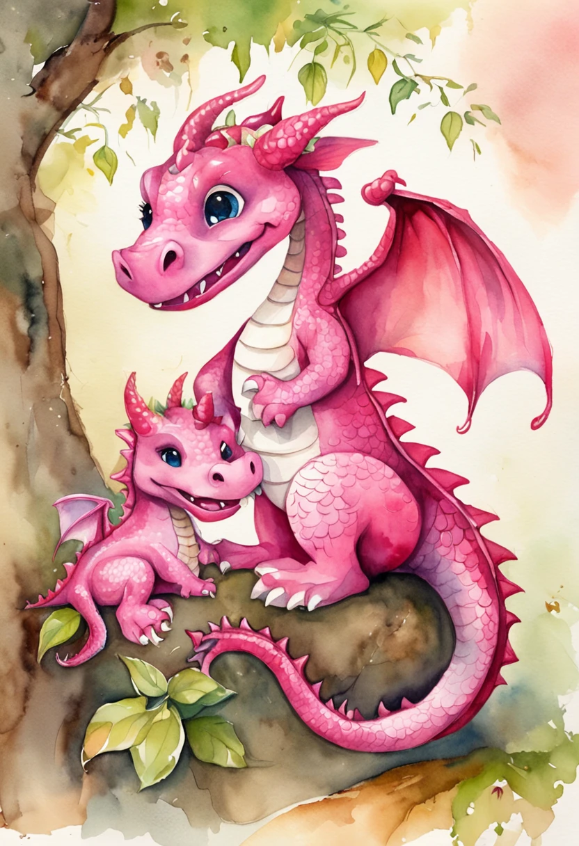 Cute pink dragon holding a cute happy laughing baby