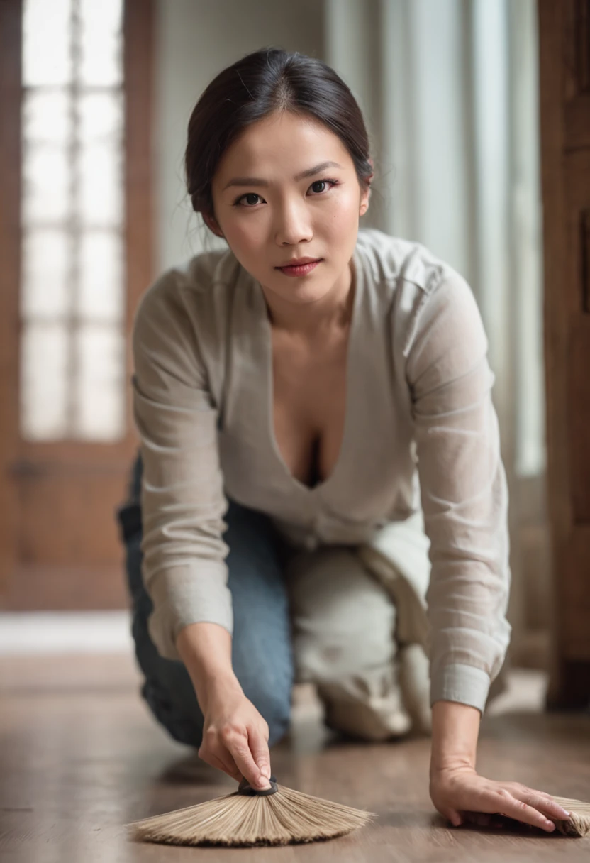 Asian woman,house wife,sweeping the floor,modern day