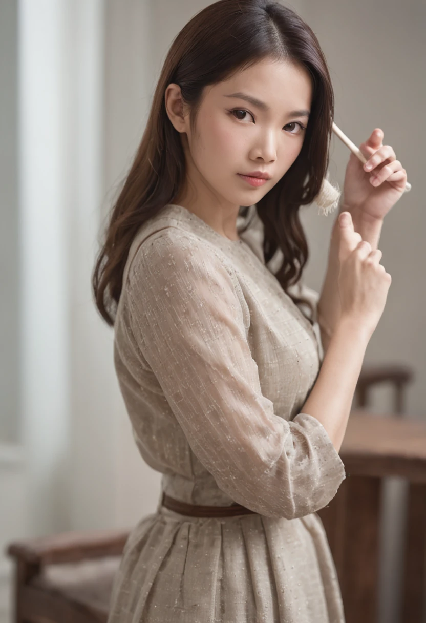 Asian woman,house wife,sweeping the floor,modern day