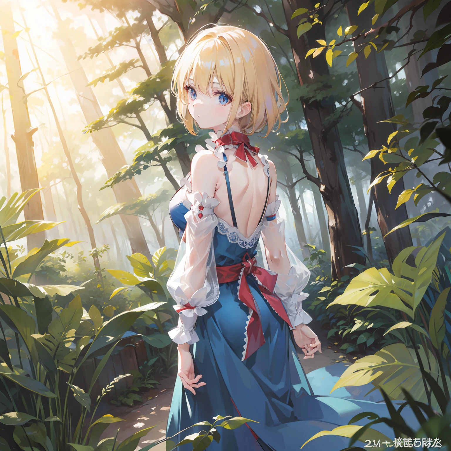 masutepiece, Fine detail, 4K, 8K, 12K, Solo, Alone, Beautiful Girl, caucasian female, alice margatroid, Back view, Looking at Viewer, looking in camera, Looking at Viewer, Surprised face, forest, Sunlight penetrating the leaves