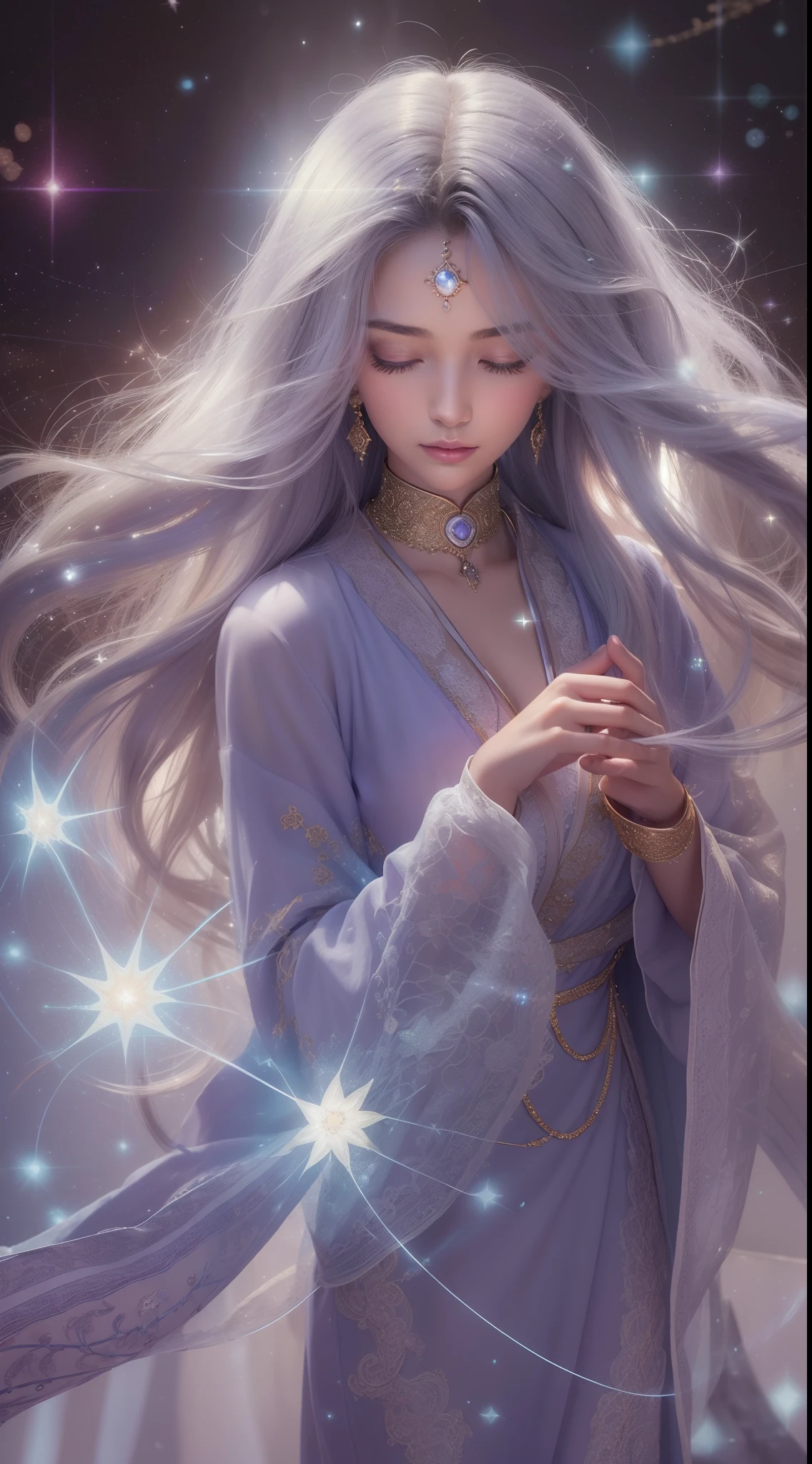 (masterpiece,best quality:1.4),(8k,raw photo,photo realistic:1.2),shiny skin,detailed skin,detailed face,detailed eyes, beautiful woman, beautiful face,Young female sage, Vivid-eyed sage, Silvery starlit hair, Tousled waves, Elegant deep purple robe, Flowing design, Silver-thread embroidery, Constellation motifs, Gentle smile, Cosmic wisdom, Radiant healing magic, Delicate hands, Glowing fingertips, Concentrated energy, Gentle warmth, Soft hum of magic, Wounded individuals, Mending injuries, Sense of relief, Serene expression, Beacon of hope.