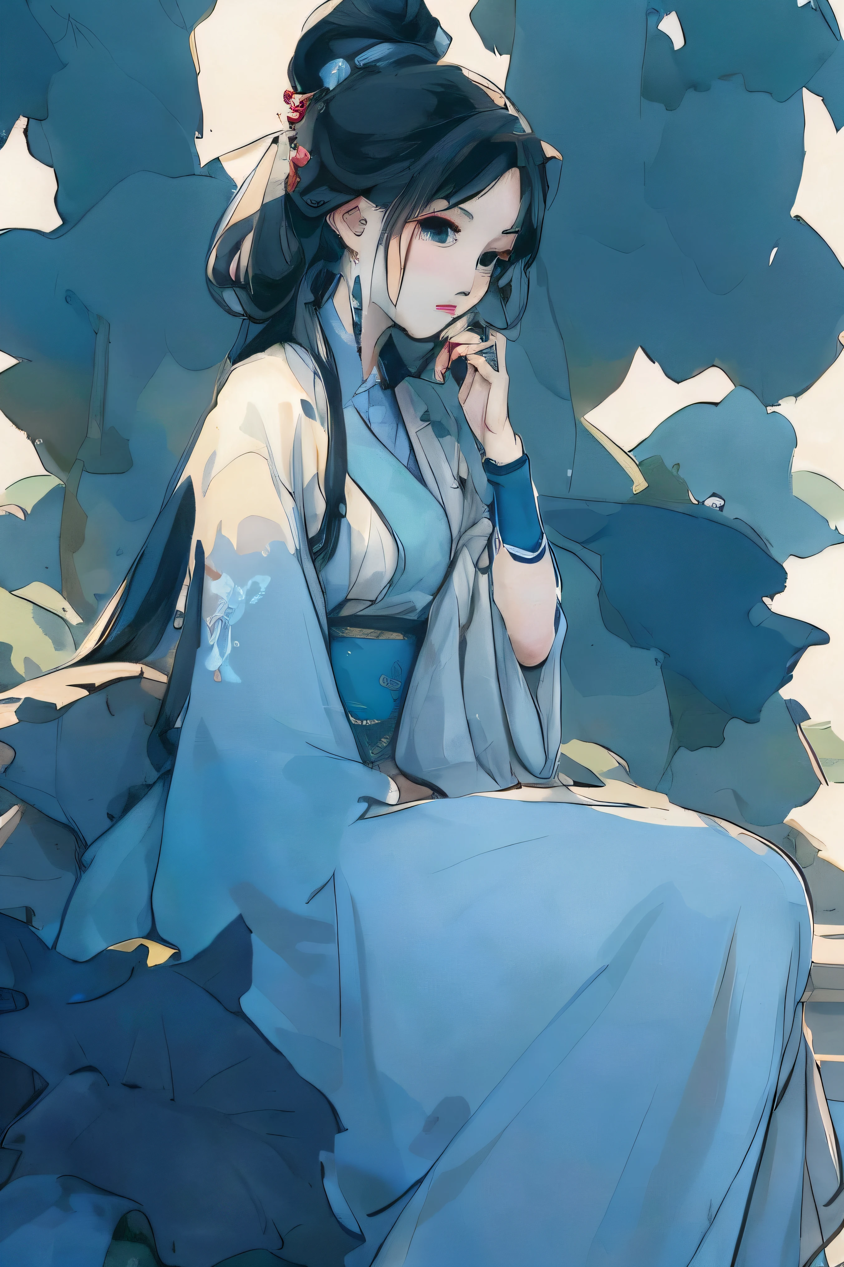 Anime - Stylistic image of a woman sitting on a park bench, Artgerm and Atey Ghailan, Palace , A girl in Hanfu, Guviz-style artwork, Guviz, by Yang J, Digital anime illustration, Guweiz in Pixiv ArtStation, beautiful avatar picture, anime illustration