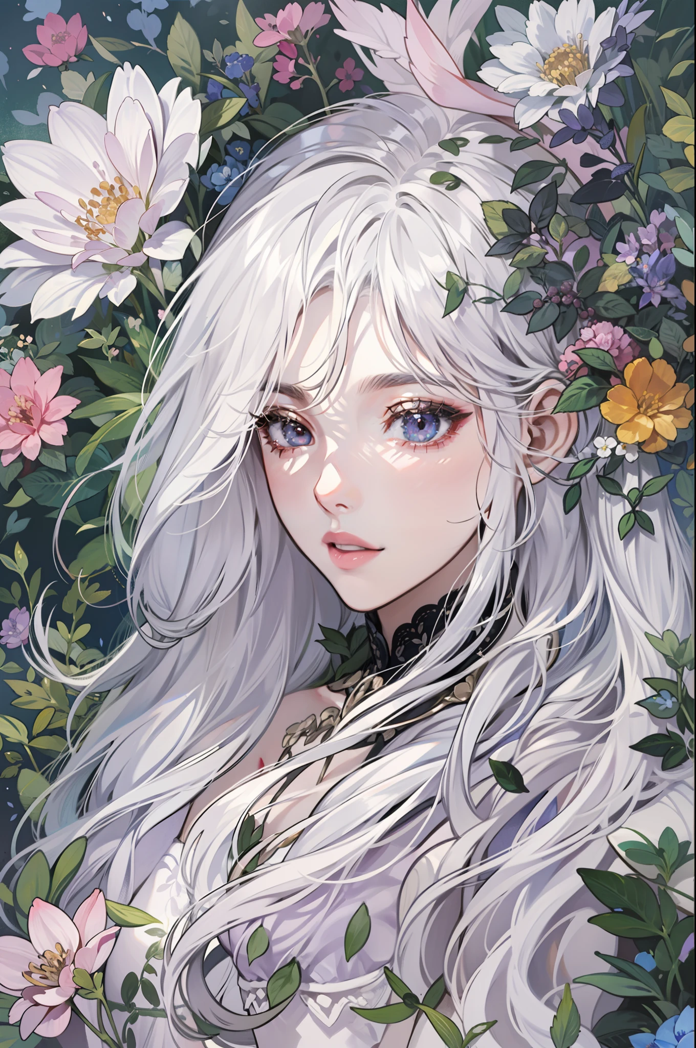 A woman with long silver-white hair lies on the turf,Silvery-white hair,Long hair scattered,Purple eye,((Black dress)),The turf is filled with various flowers,Colorful,Light,Texture,Natural causes,Exquisite and beautiful details,(Eye details),Very detailed illustration