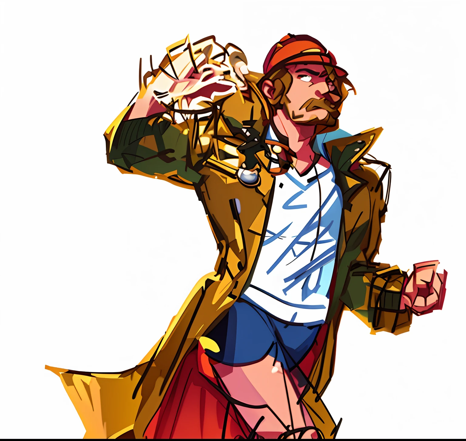 A drawing of a man in a trench coat and hat, man is holding short female in one arm, female bunny anthro, sketchy artstyle, guilty gear art style, by Shingei, heavy shading