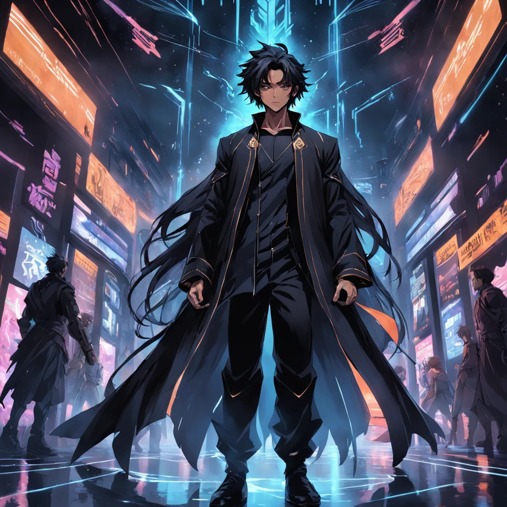 crie um mago homem, cabelos longos e pretos, estilo jogos de rpg, Film style, realista, Film style, arte digital, altamente detalhado, roupas e estilo nas cores pretas, black design, dark design, futuristico