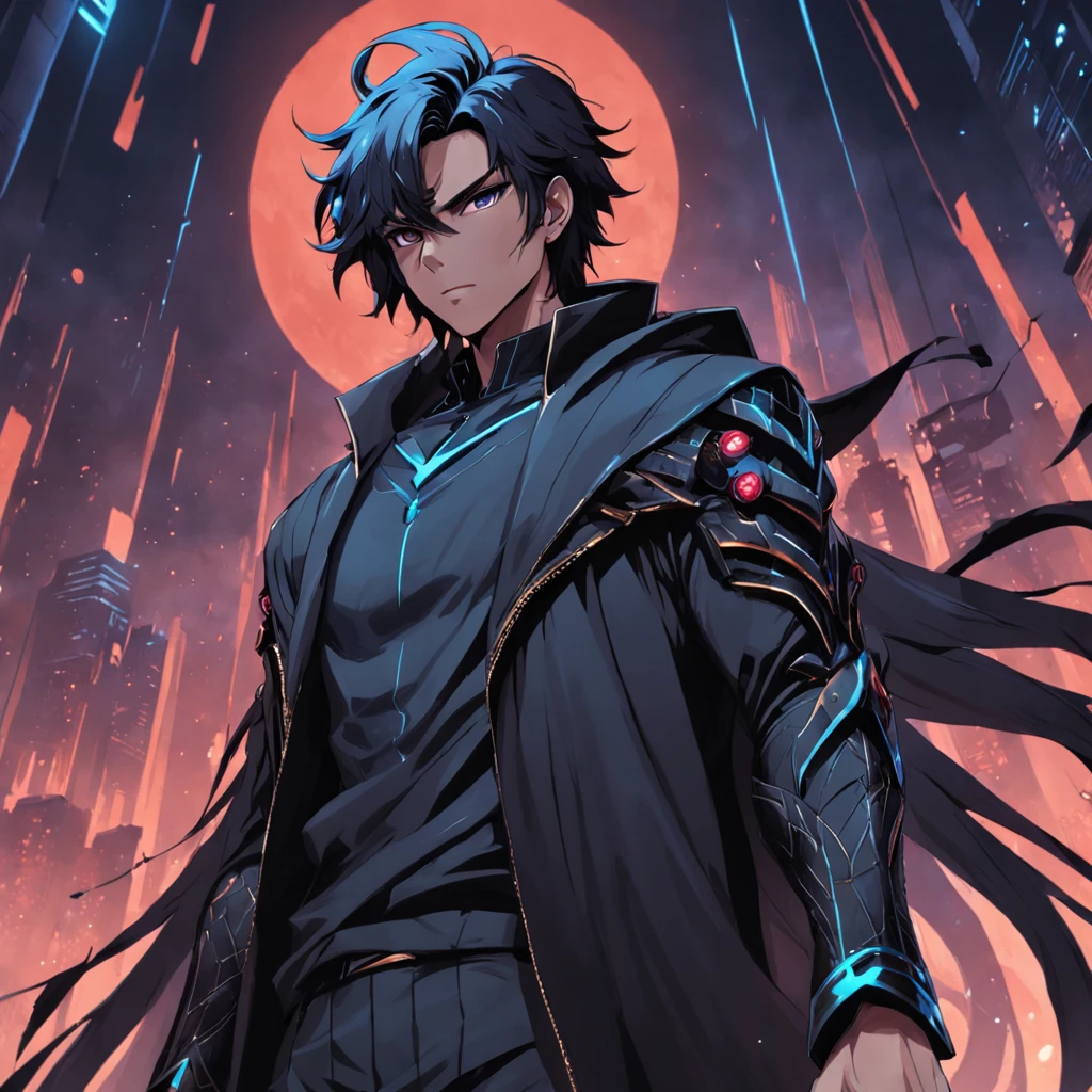 crie um mago homem, cabelos longos e pretos, estilo jogos de rpg, Film style, realista, Film style, arte digital, altamente detalhado, roupas e estilo nas cores pretas, black design, dark design, futuristico