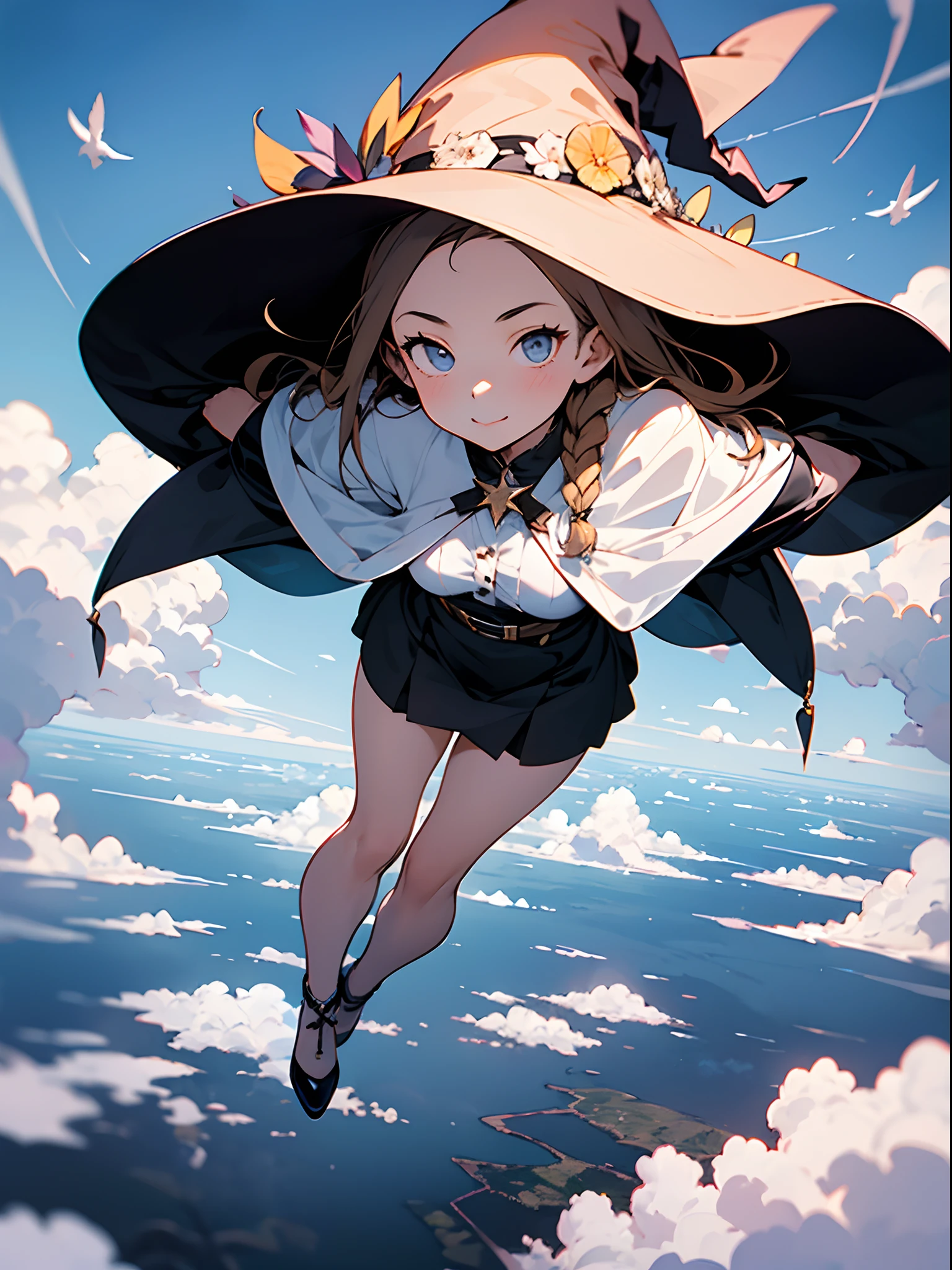 1girl,Fly in the sky above the clouds,the witch