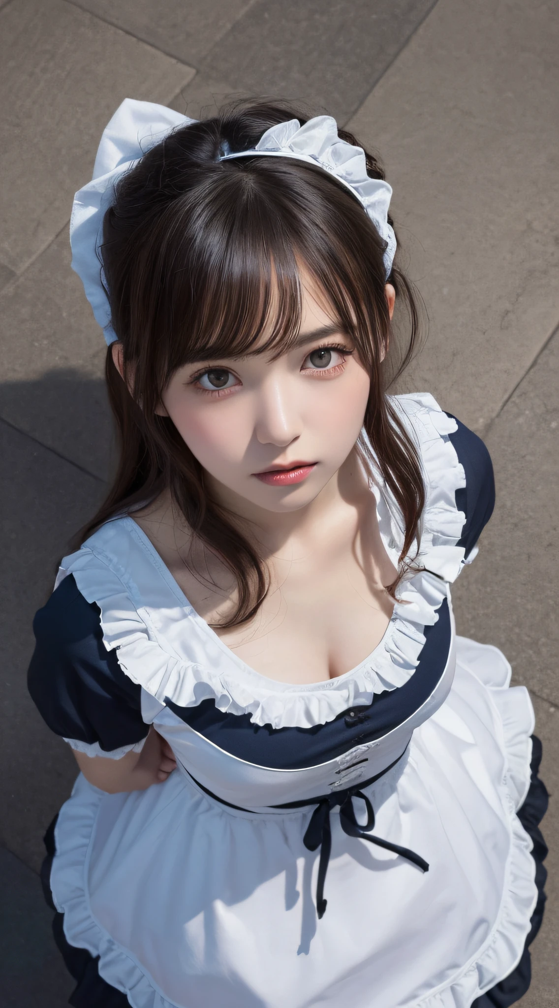 masutepiece, Best Quality, Illustration, Ultra-detailed, finely detail, hight resolution, 8K Wallpaper, Perfect dynamic composition, ((close up:1.3, from above, lookin at viewer)), Beautiful detailed eyes , (wearing Cotton Maid Costume, , Cute Ruffle Girl Dress, maid headband, color base on white black blue),