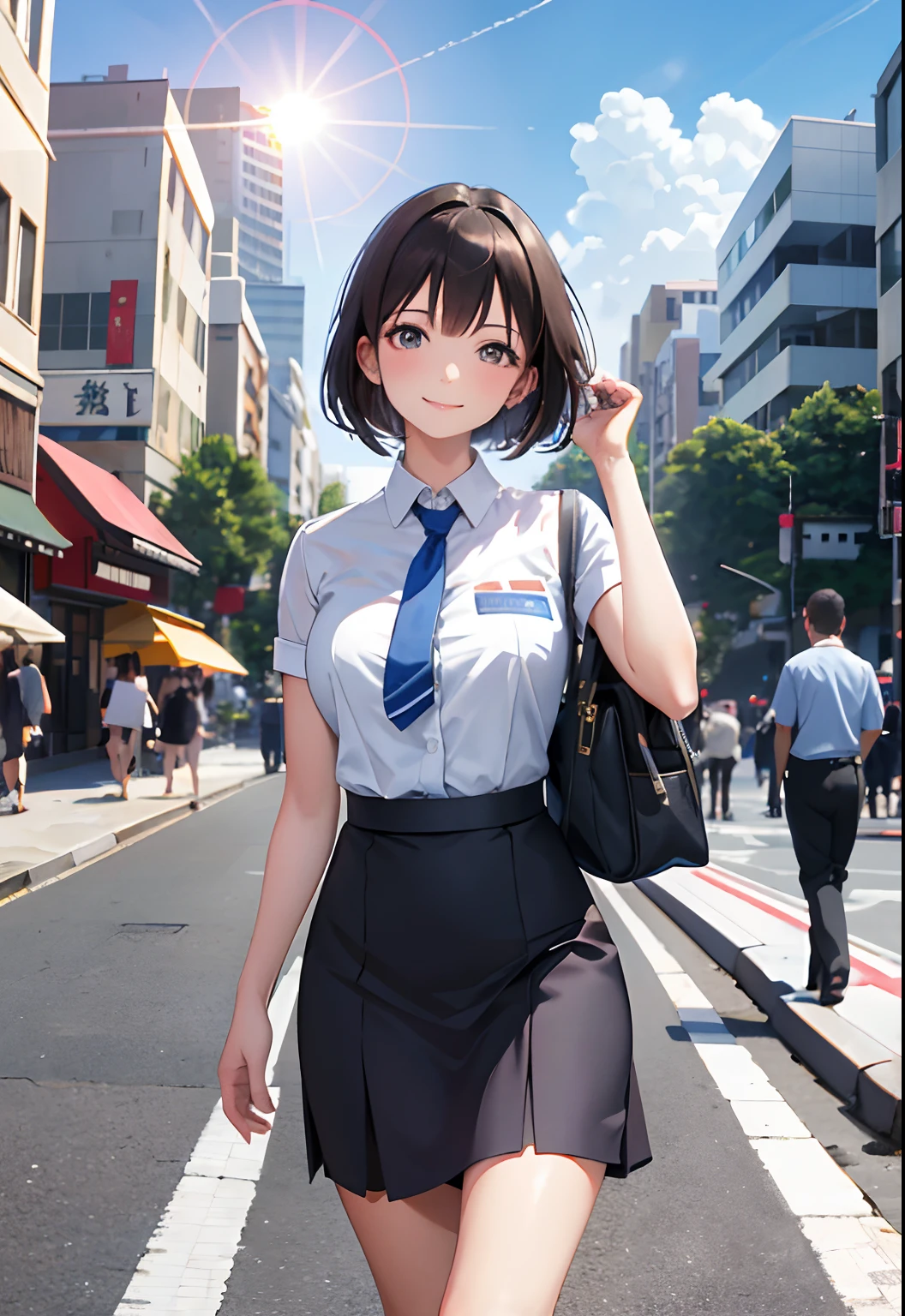 masutepiece, Best Quality, High resolution, Very detailed, Detailed background, 1 girl, Looking at the viewer, Walking down the street in a flight attendant uniform, Skirt, Transparent, Happy, Sun exposure, NSFW