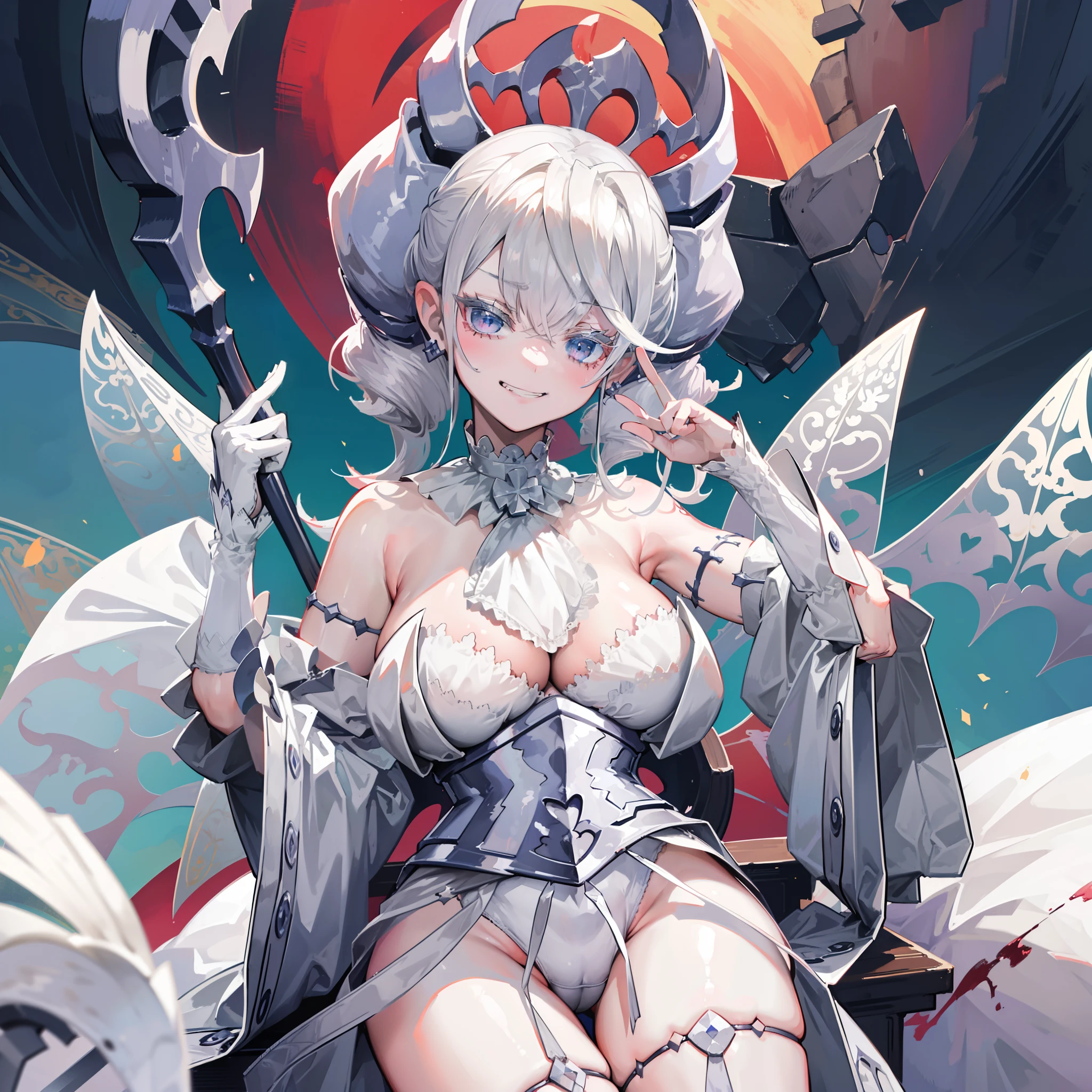 ((​masterpiece)), ((Top image quality)), ((Hi-Res)), ((Ultra detailed CG unified 8k wallpaper)), 独奏, Low Angle Full Body Shot,(Bloody background)、silver castle、borgar、细致背景，遊戯王!,White hair、Woman in white robes, Seductive Anime Girl, perfect gray hair girl, ((best ratio four finger and one thumb))、(King's Chair)、Luxurious armrests、Delicate bloody throne、(Bloody)、Delicate black throne、Have a big weapon、Chest covered、white haired god, white  hair,  troll、(doyagao:1.5),Smirk,(grin),(full body Esbian),Naughty,with a big chest, legs crossed,Chic, (Bat Wings), (bright skin)、White-haired,erotick 、Big Red Moon、 beautiful alluring anime woman, White interior、stain glass、chandeliers、 ((extremely delicate and beautiful))