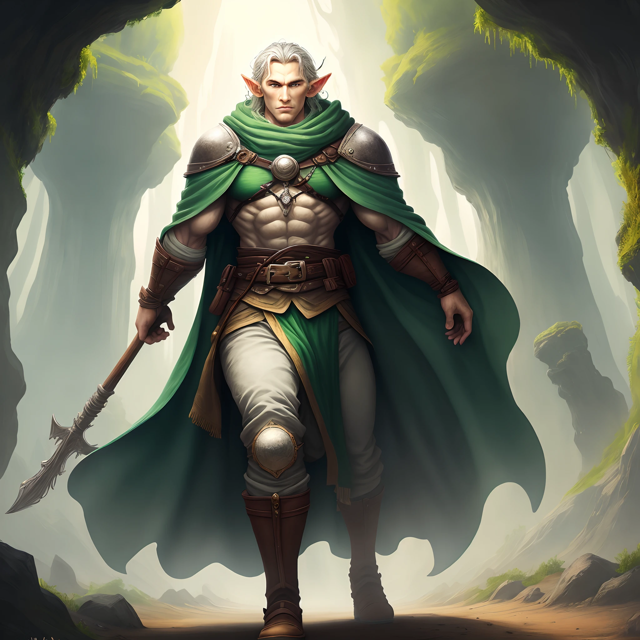 Solo character, full body version, ??? boy, tall height, big man, largest muscle, (elf), green eyes, brown color hair, bald hair, topless, blue long pants, belt, boots, outdoor, park, village, medieval, standing gesture, detailed background, detailed clothing, detailed hair, armor arm, (Bleach style art)