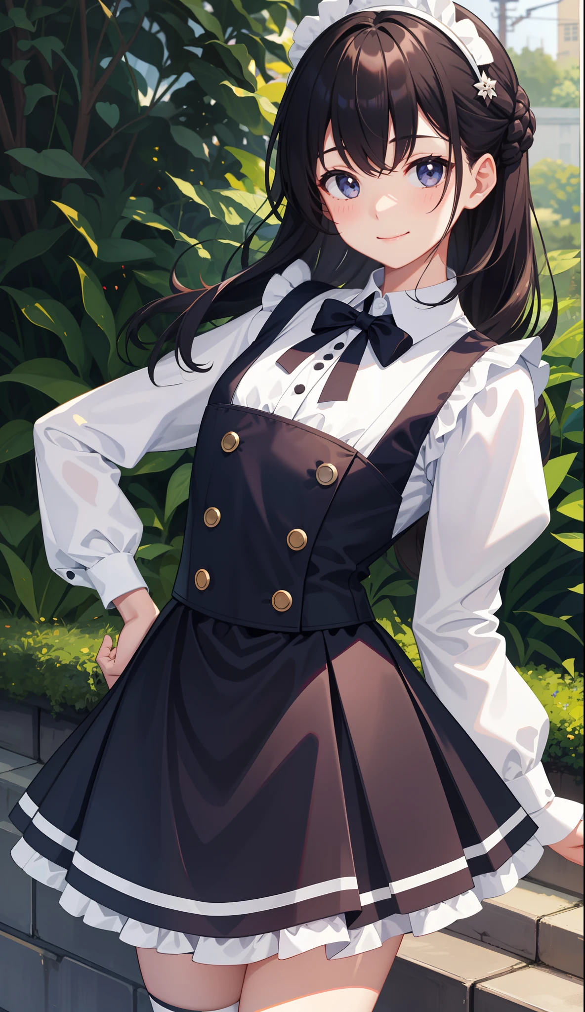 1girl in、A smile、A delightful! The shirt、skirt by the、(small tits)pinafore、doress、hair adornments、(Maids)、