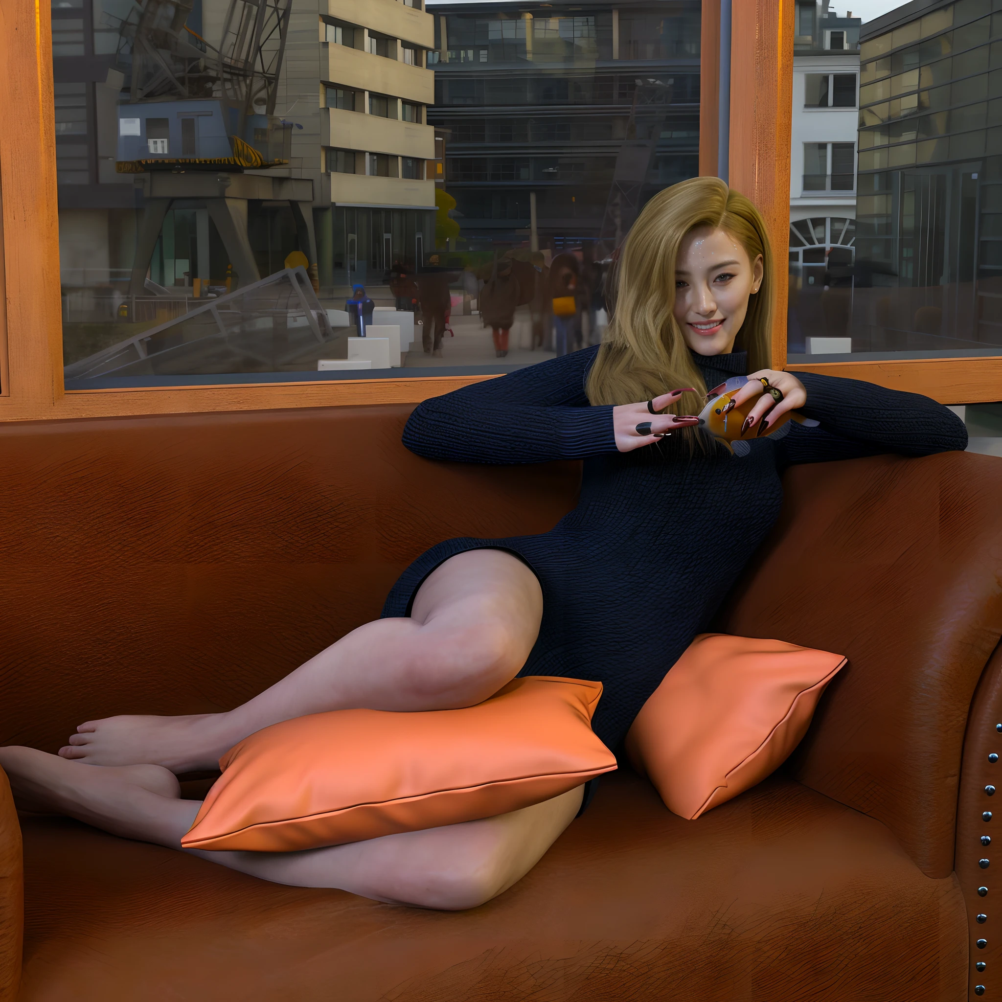 photorealistic, pretty redhead woman, barefoot, sitting on couch