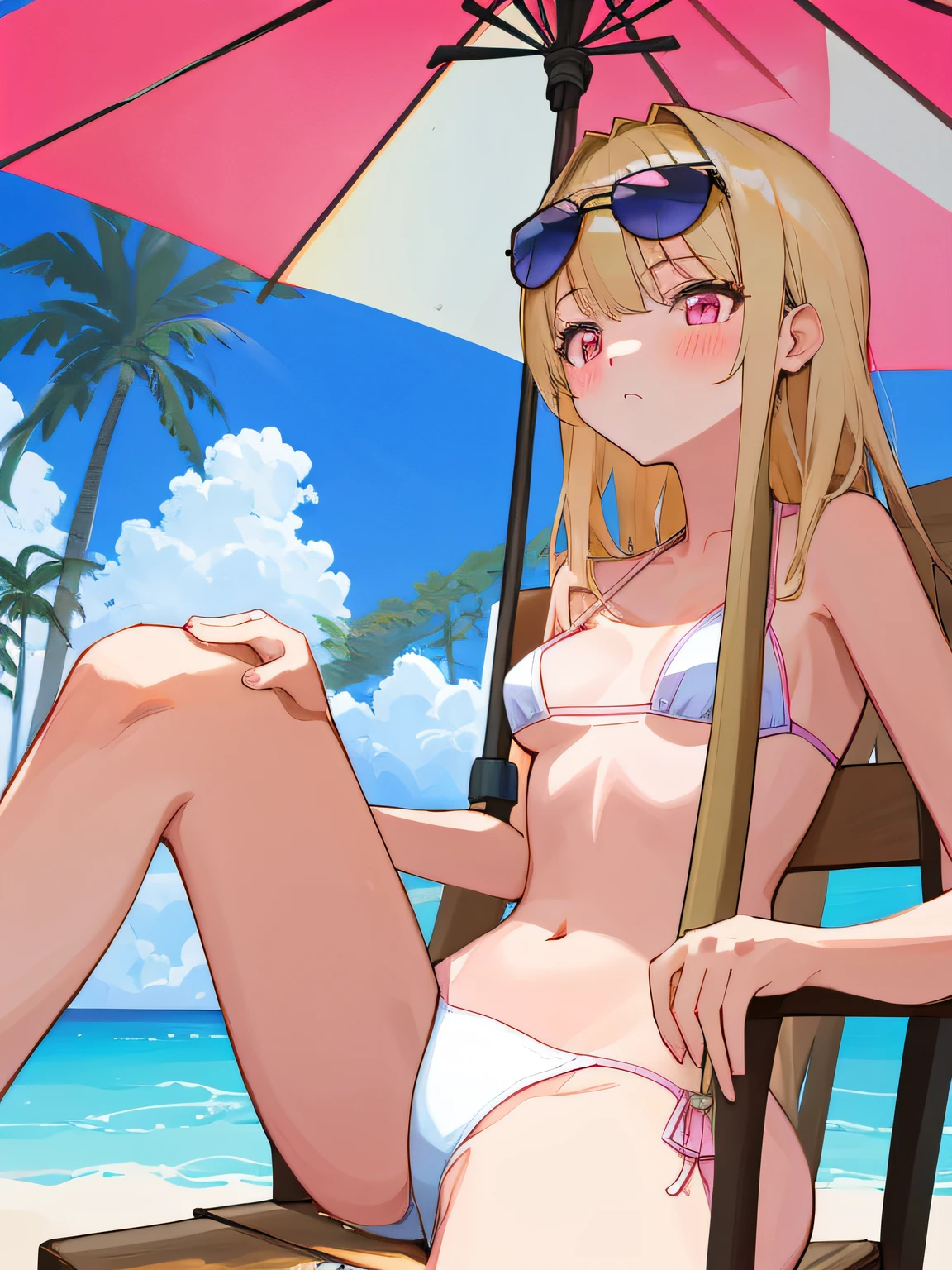 (masterpiece, best quality, absurdres), 1girl, solo, solofocus, blonde hair, long hair, pink eyes, small to medium breasts, ager, closeup, outdoors, balcony, white wood, white long chair, pink bikini, bra, panties, navel, sunglasses, umbrella, sunlight, palm trees, blue sky, clouds, spread legs, blushing