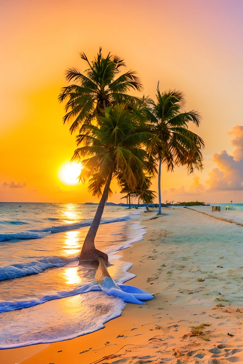 There are two coconut palms on the beach near the water..,Evening time Coconut palms on the beach, It shows the beach at sunset.., Aruba, Caribbean, Sunset Beach, Tropical Beach, At sunrise, Sunset on the beach, , coconut tree, Bahamas, coconut tree, Tropical Places, Magical beautiful Palm Beach, Jamaica, White sand carribean, Puerto Rico, Warm glow, beach