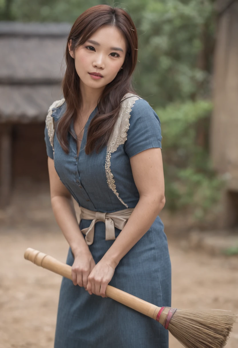 Asian woman,house wife,The floor is being swept with a broom,morden style