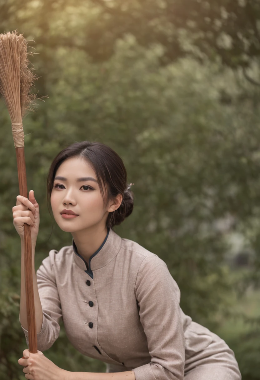 Asian woman,house wife,The floor is being swept with a broom,morden style